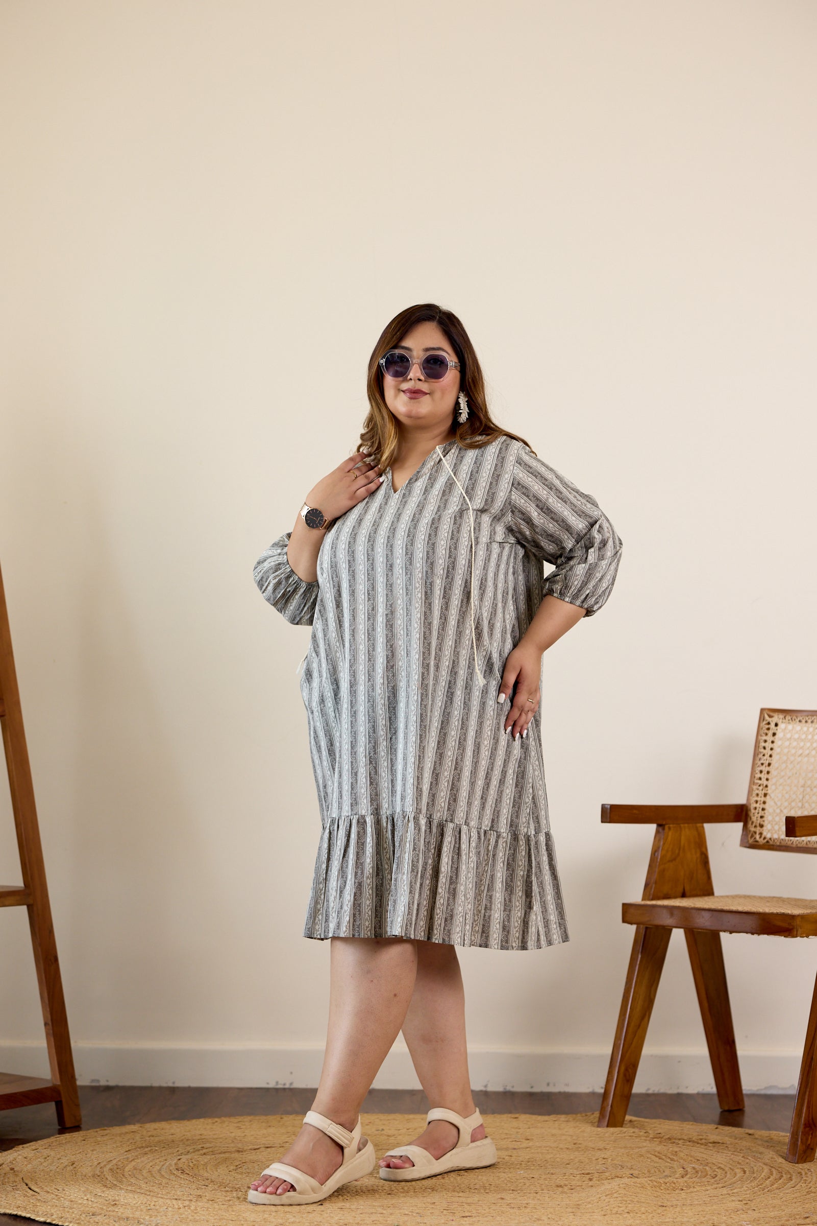 Women's Grey Striped Tiered Midi Dress - Nangalia Ruchira