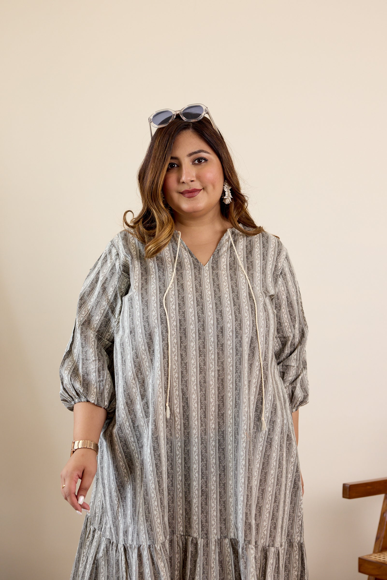 Women's Grey Striped Tiered Midi Dress - Nangalia Ruchira