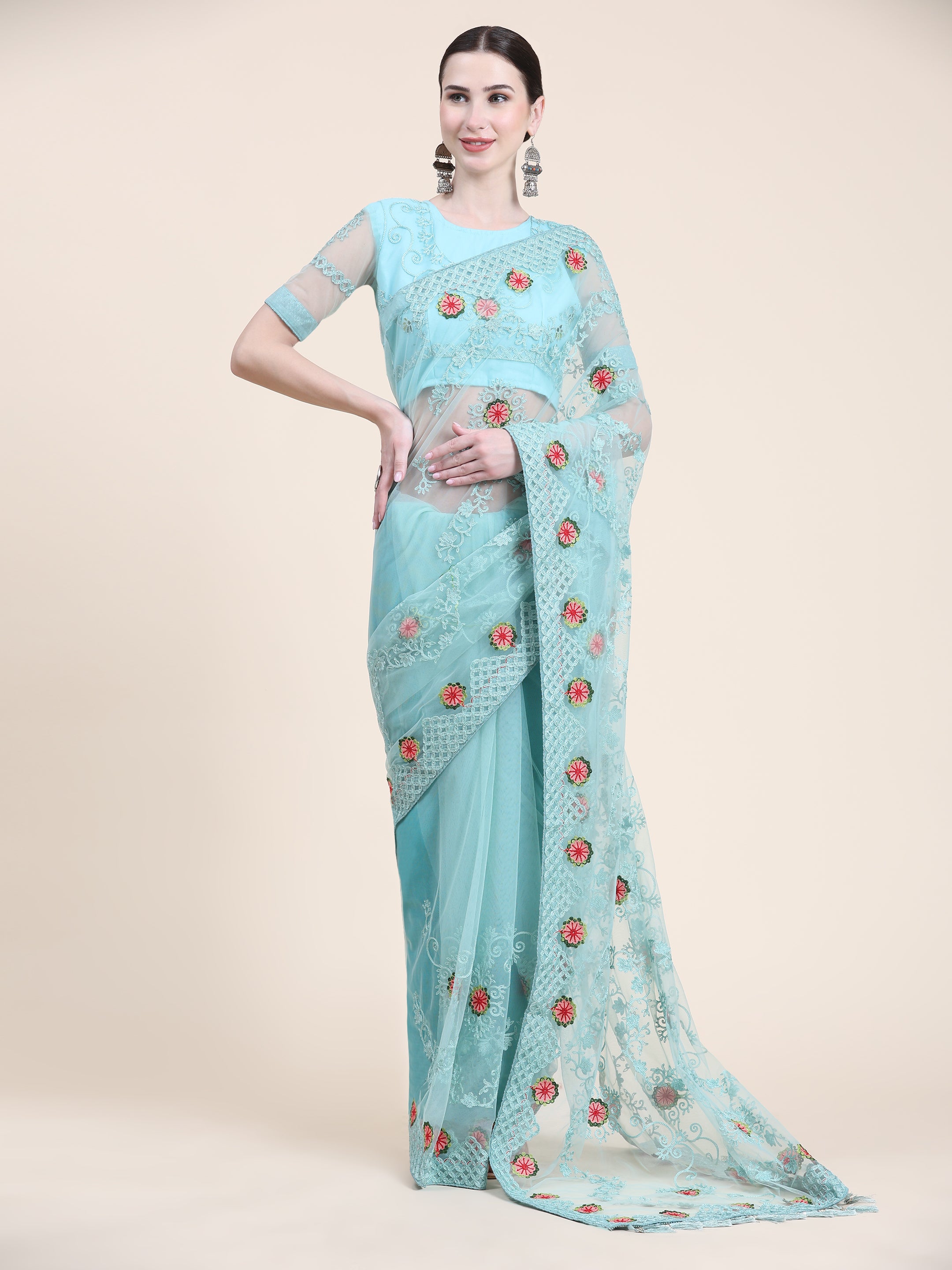 Women's Embroidery Paty Wear Contemporary Net Saree With Blouse Piece (Aqua Blue) - NIMIDHYA