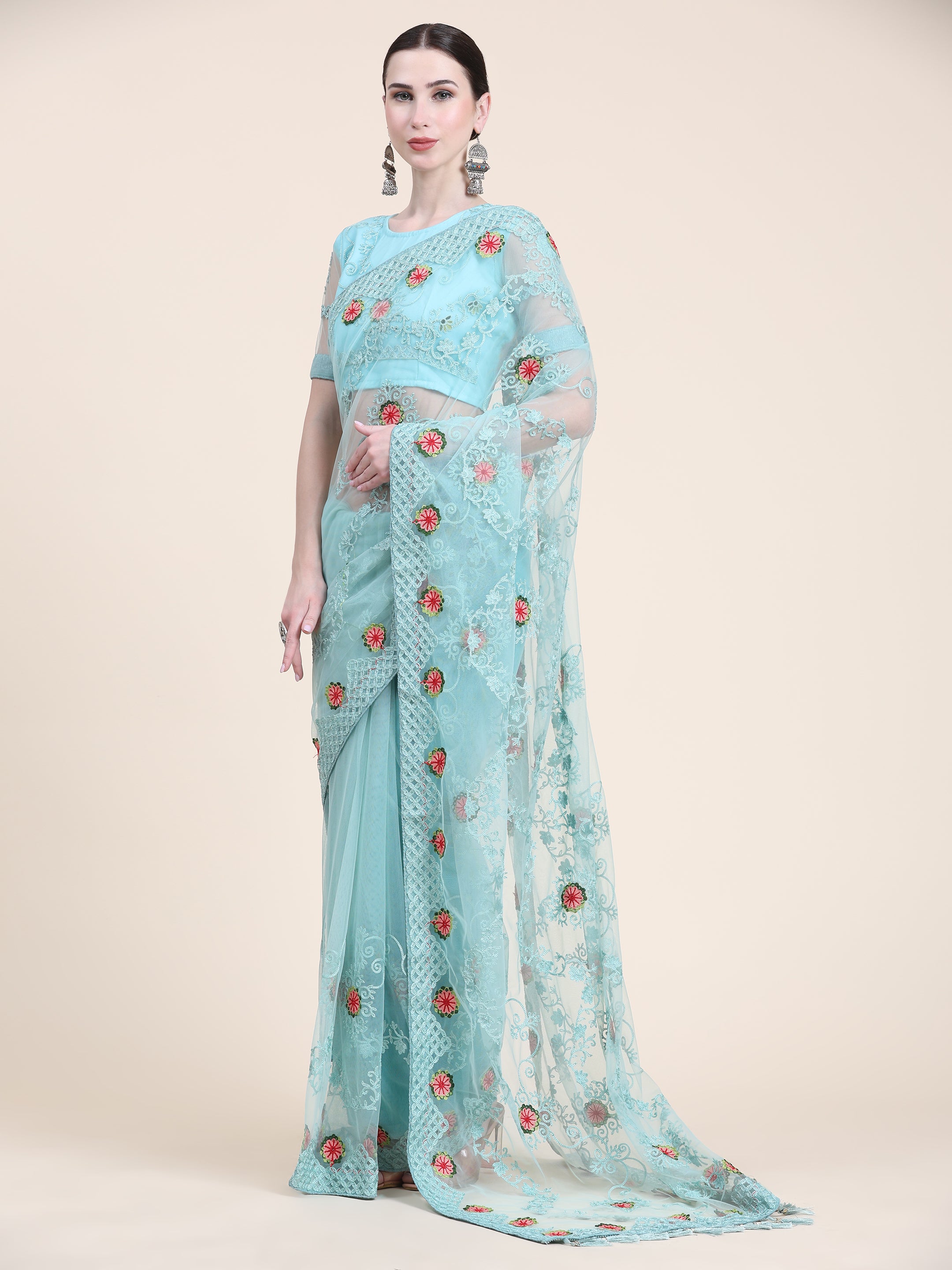 Women's Embroidery Paty Wear Contemporary Net Saree With Blouse Piece (Aqua Blue) - NIMIDHYA