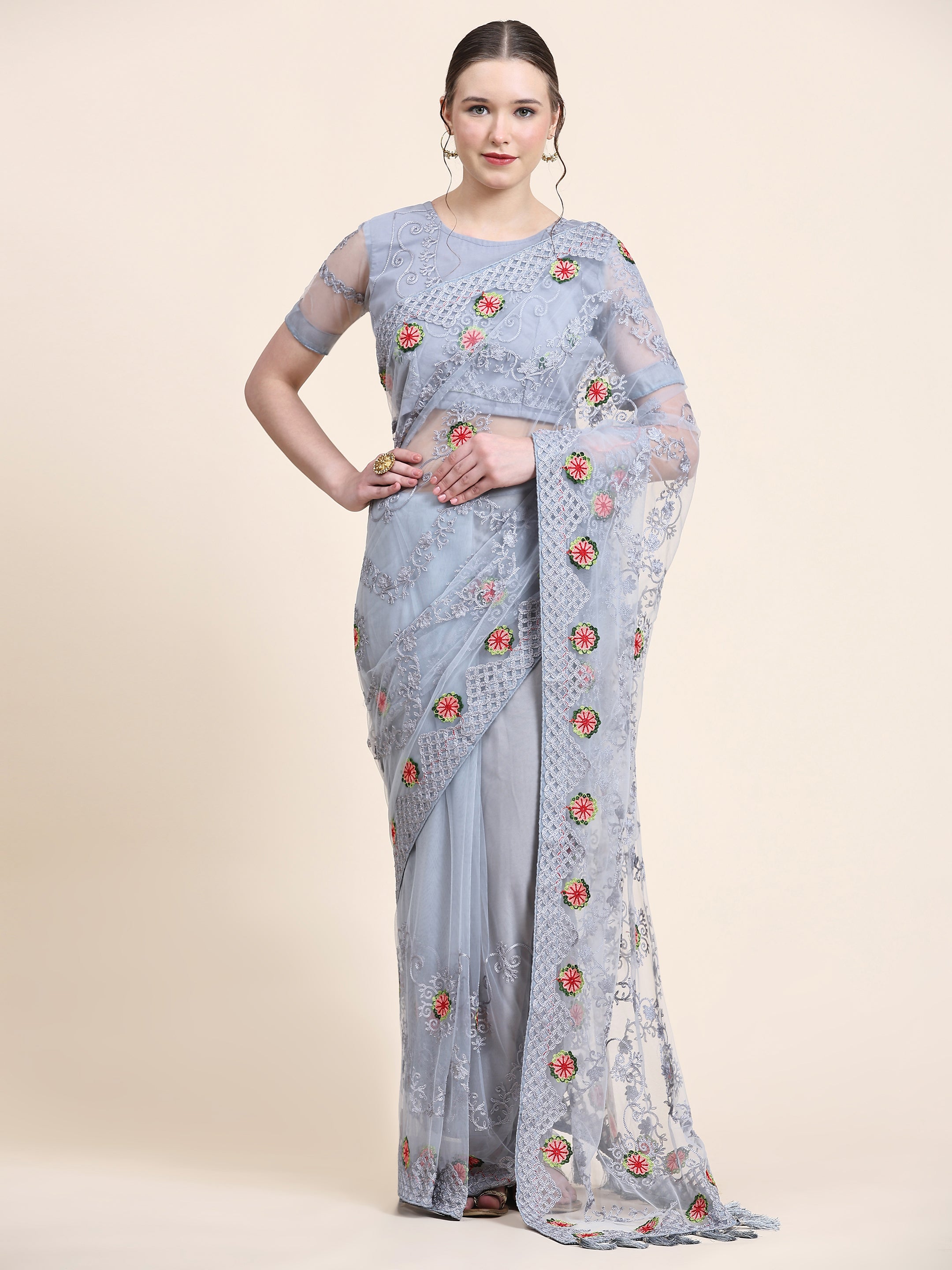 Women's Embroidery Paty Wear Contemporary Net Saree With Blouse Piece (Grey) - NIMIDHYA