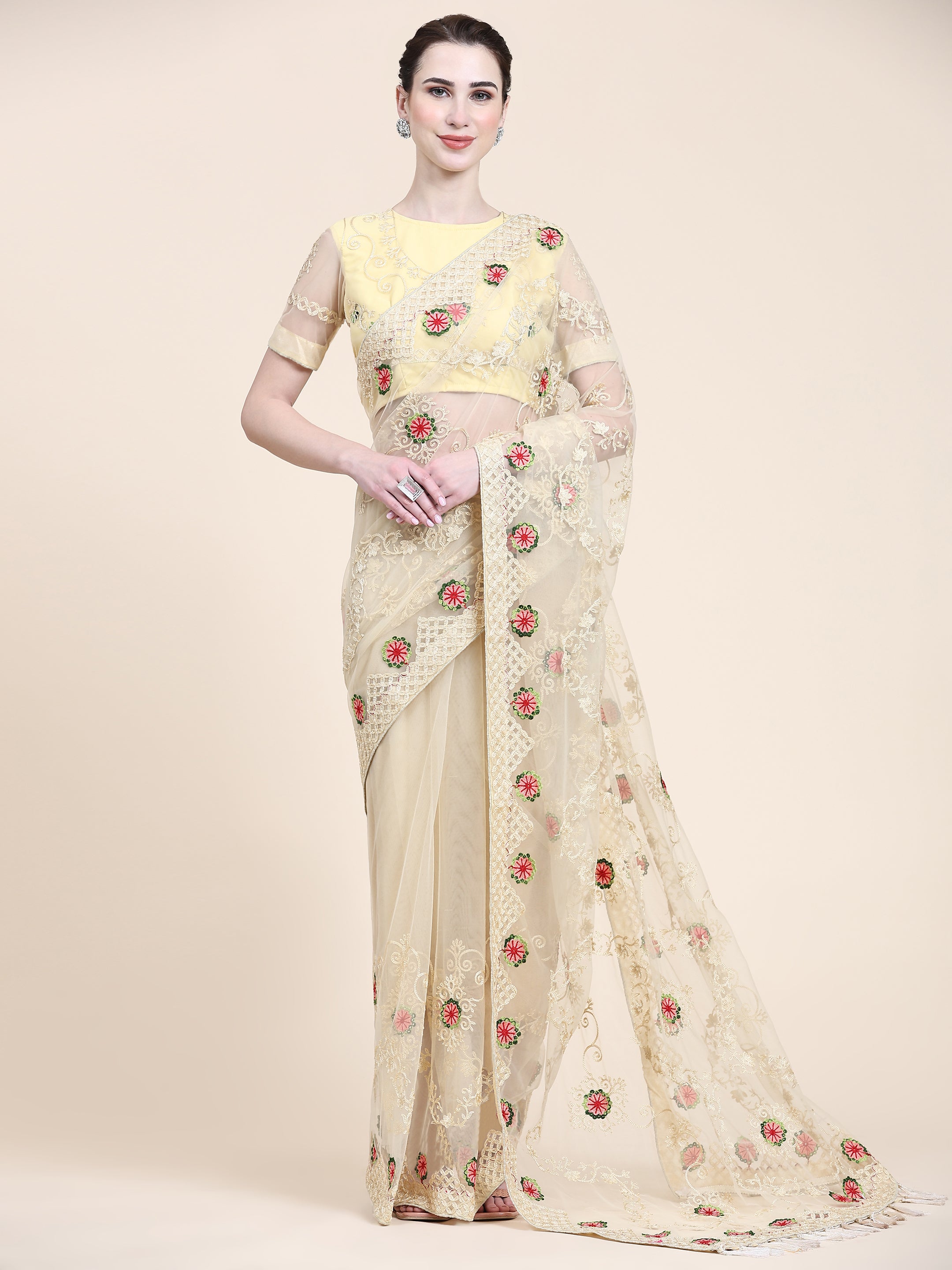 Women's Embroidery Paty Wear Contemporary Net Saree With Blouse Piece (Lemon Yellow) - NIMIDHYA
