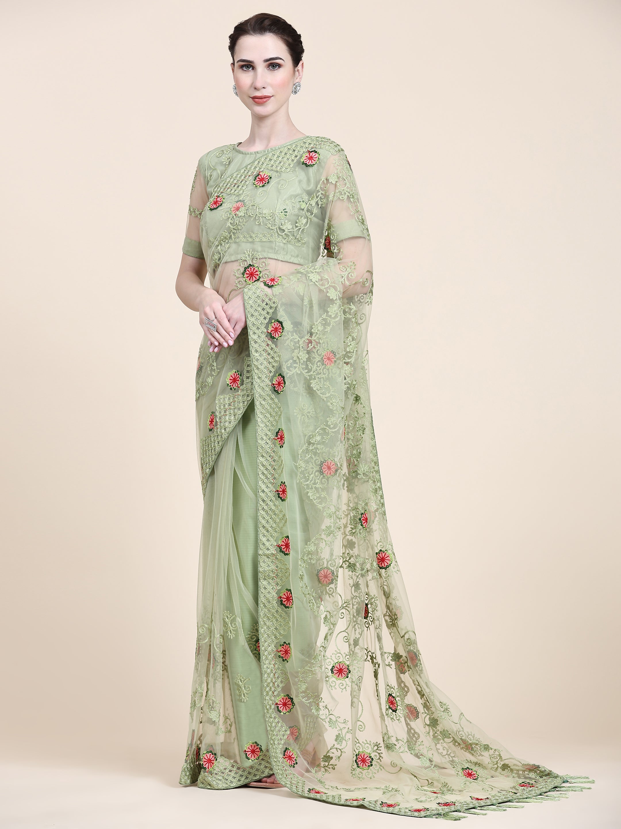 Women's Embroidery Paty Wear Contemporary Net Saree With Blouse Piece (Mehandi Green) - NIMIDHYA