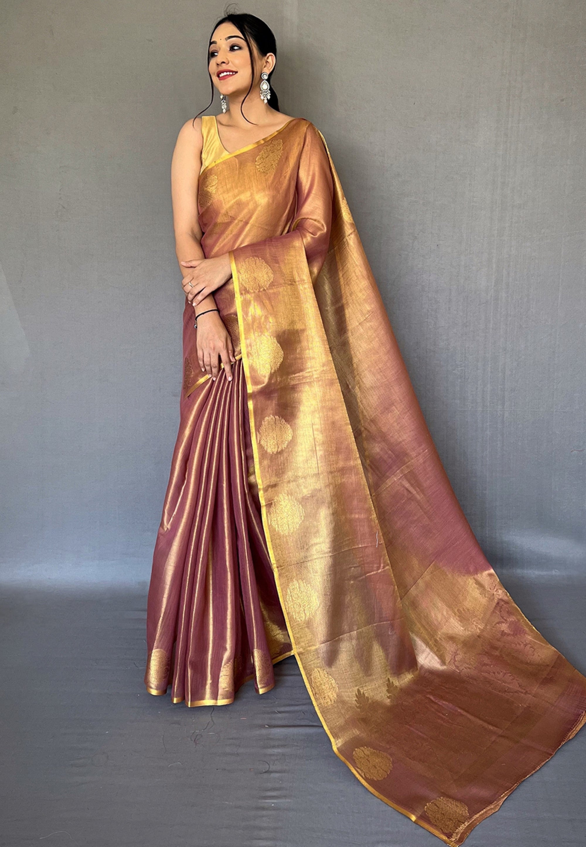 Women's Copper Brown Gulabo Banarasi Tissue Silk Zari Saree - Tasarika