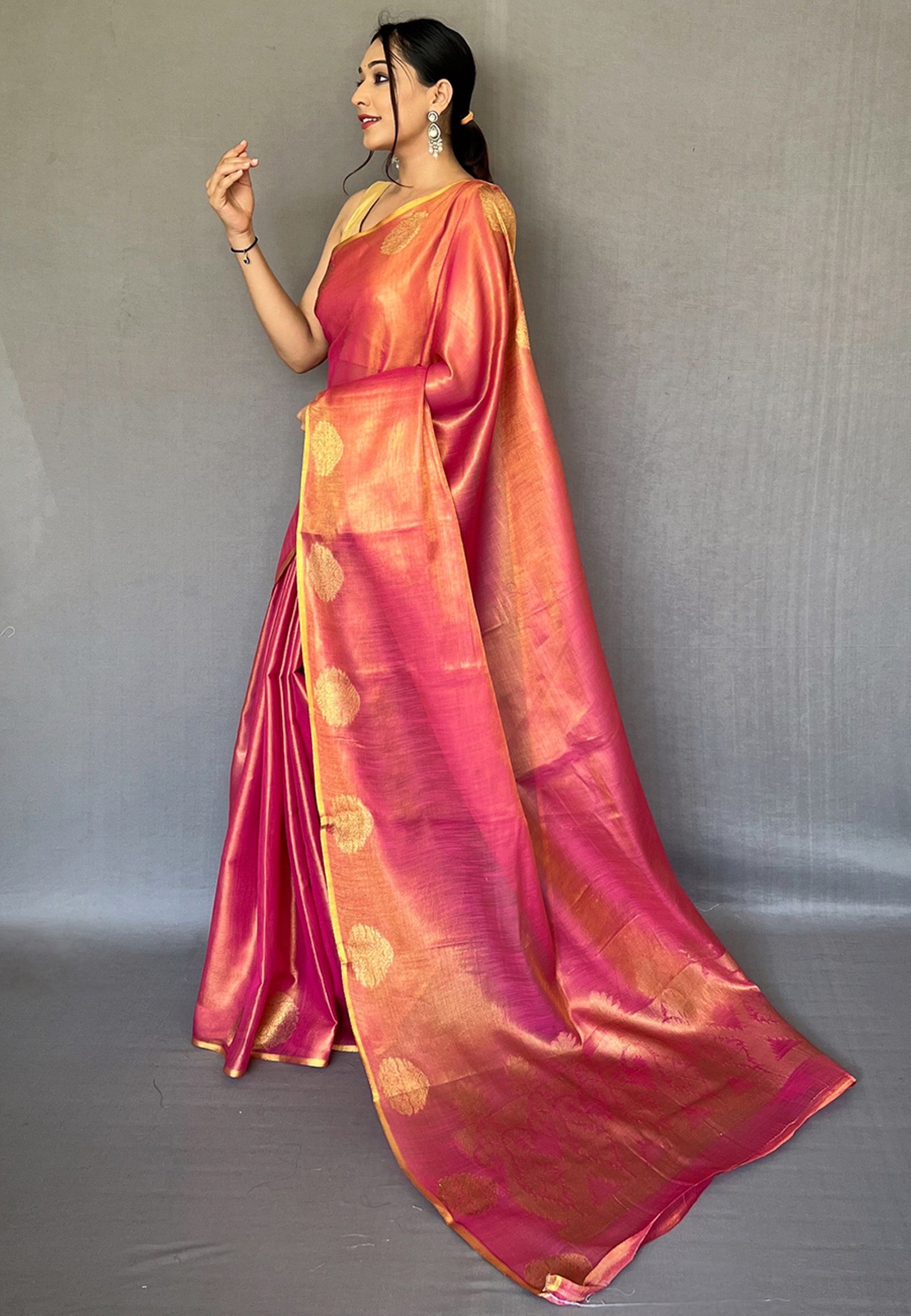 Women's Deep Rose Pink Gulabo Banarasi Tissue Silk Zari Saree - Tasarika