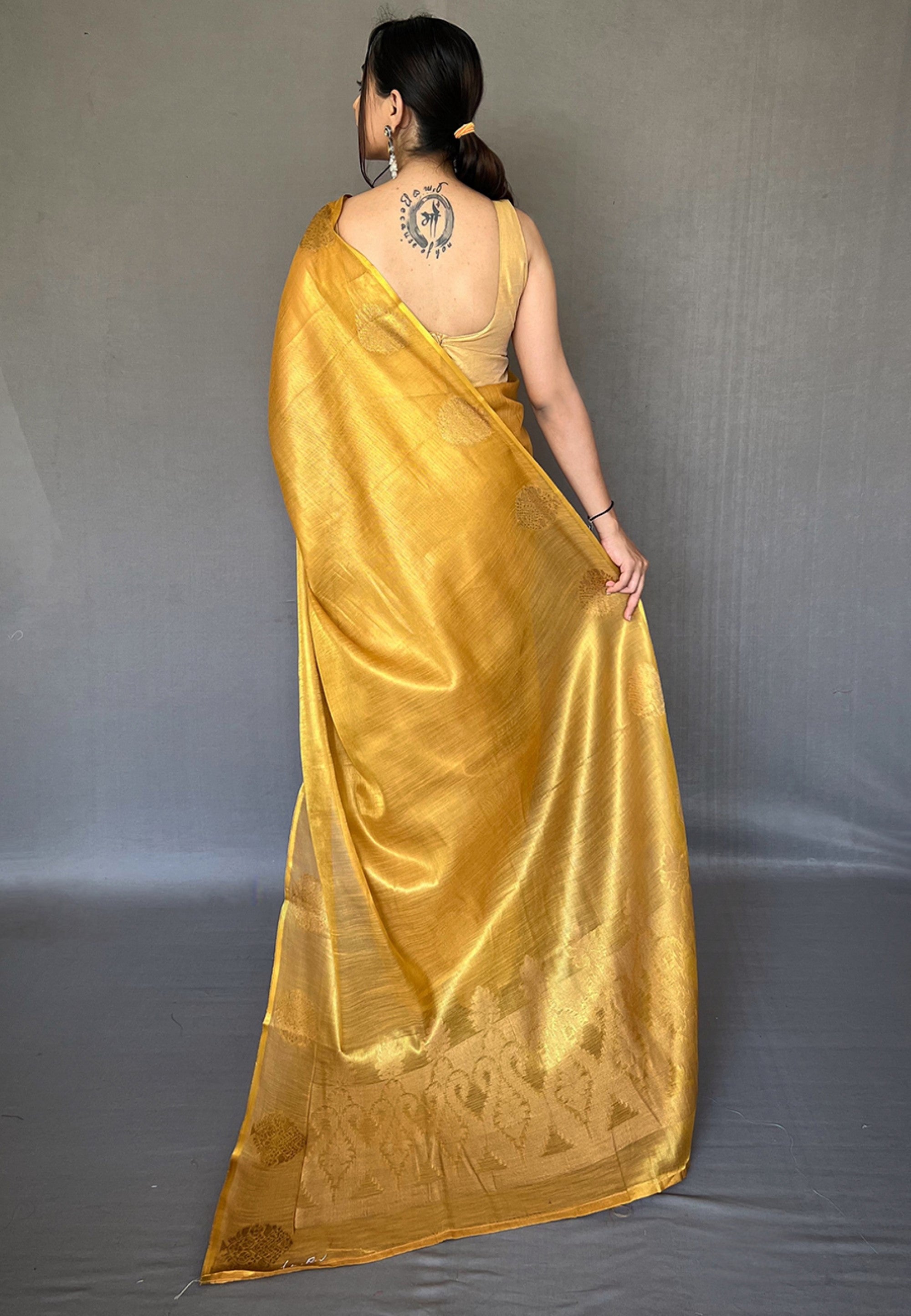 Women's Yellow Gold Gulabo Banarasi Tissue Silk Zari Saree - Tasarika