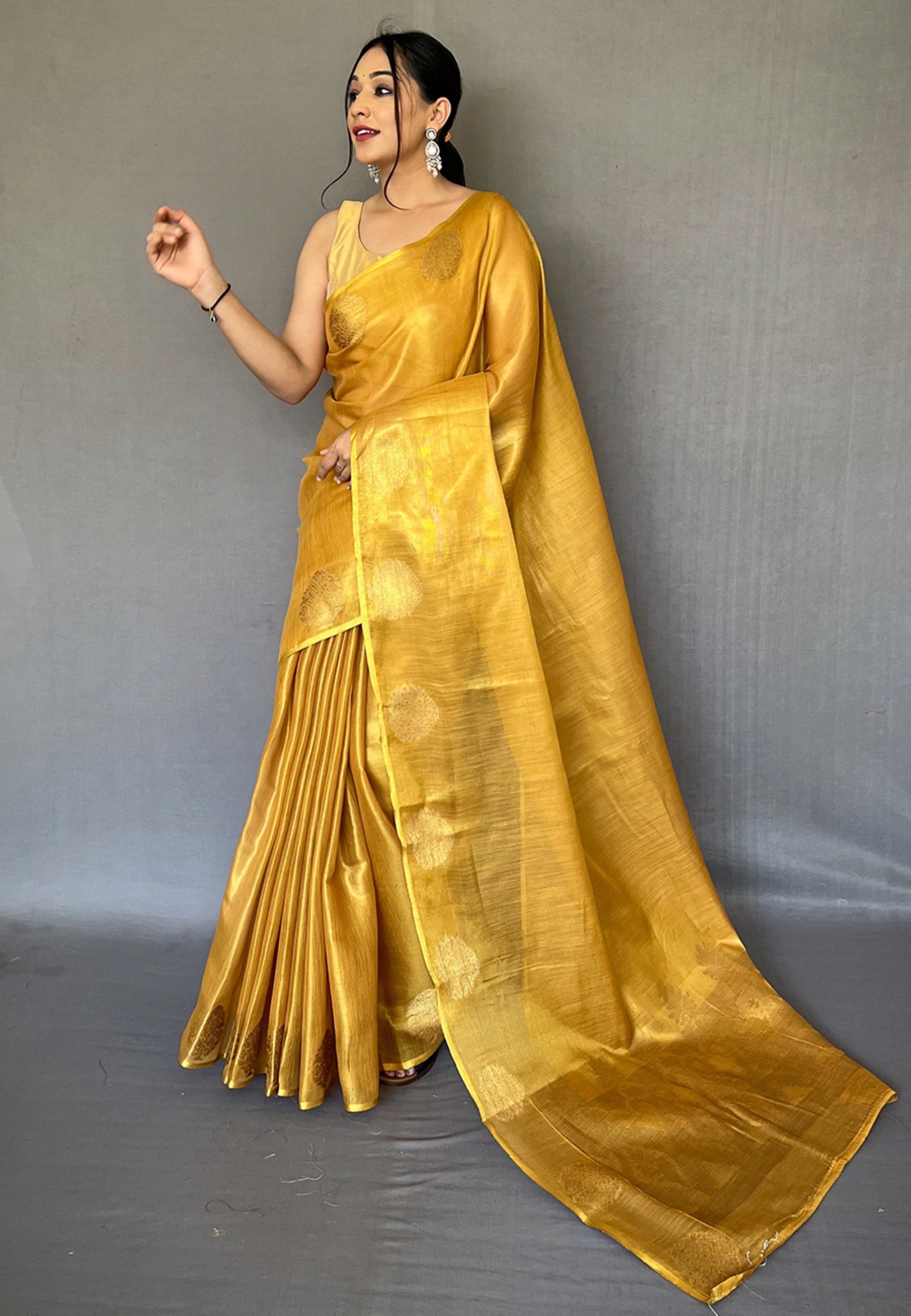 Women's Yellow Gold Gulabo Banarasi Tissue Silk Zari Saree - Tasarika