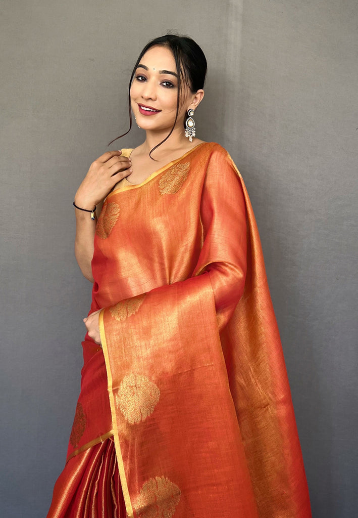 Women's Rust Orange Gulabo Banarasi Tissue Silk Zari Saree