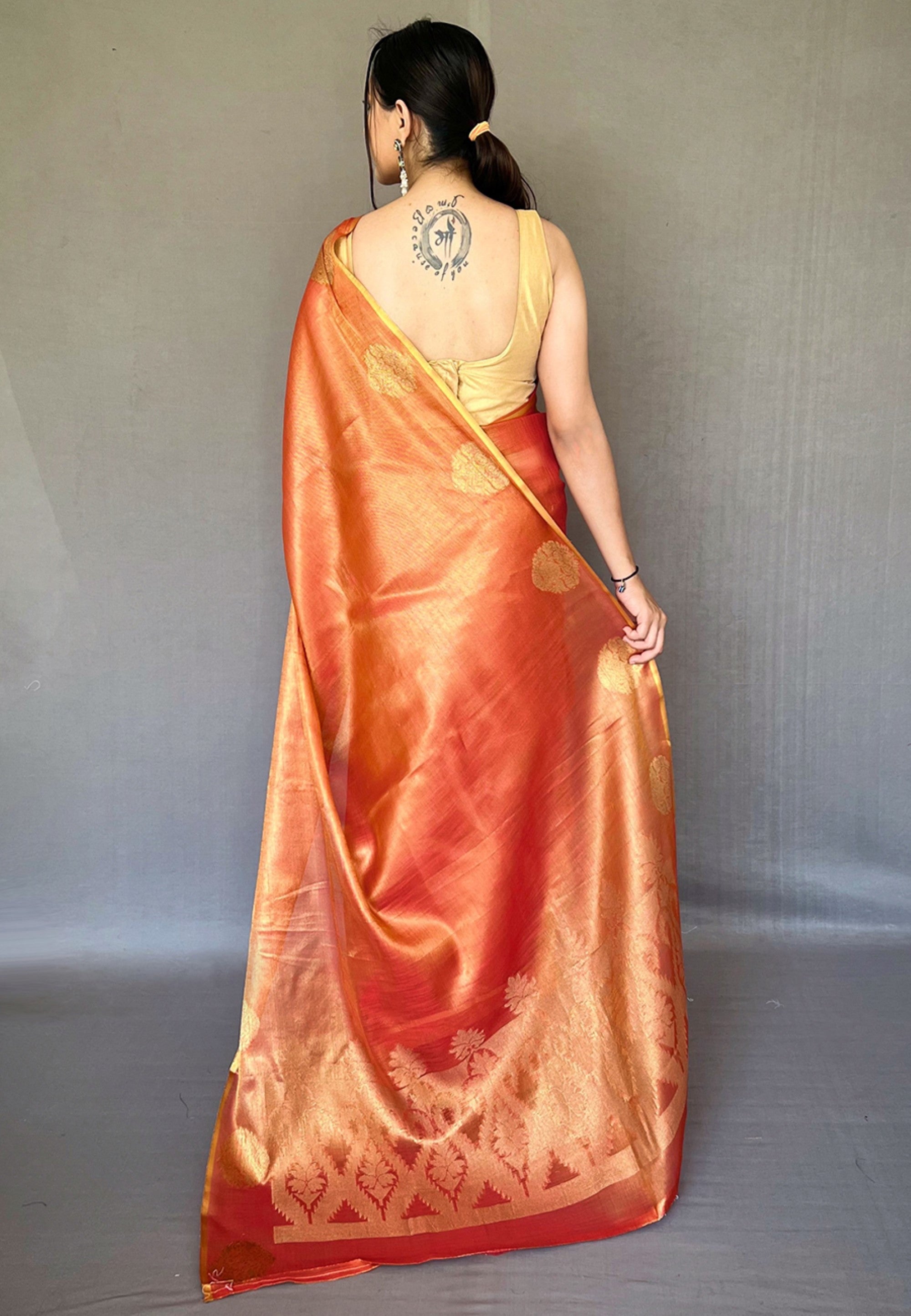 Women's Rust Orange Gulabo Banarasi Tissue Silk Zari Saree - Tasarika