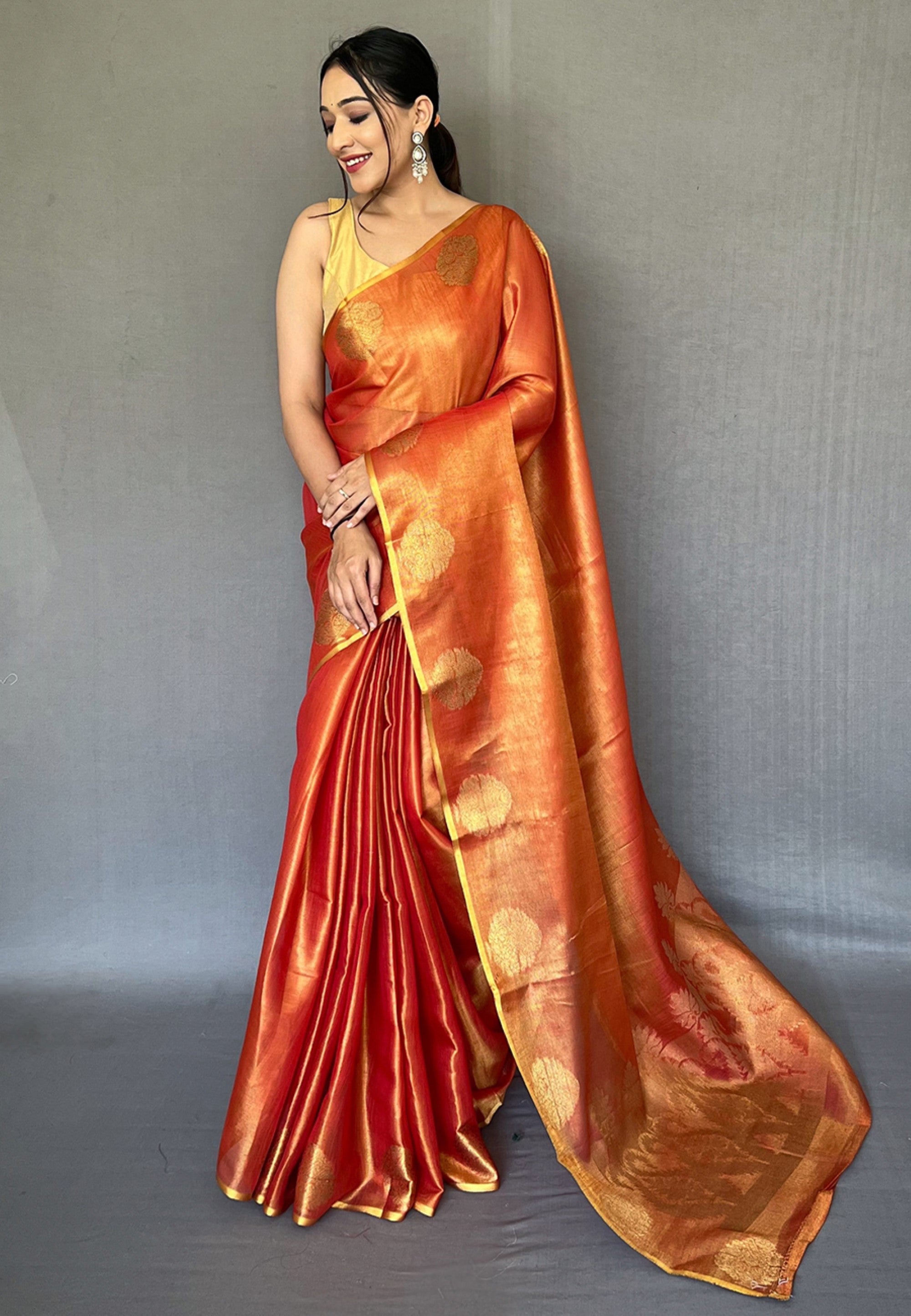 Women's Rust Orange Gulabo Banarasi Tissue Silk Zari Saree - Tasarika