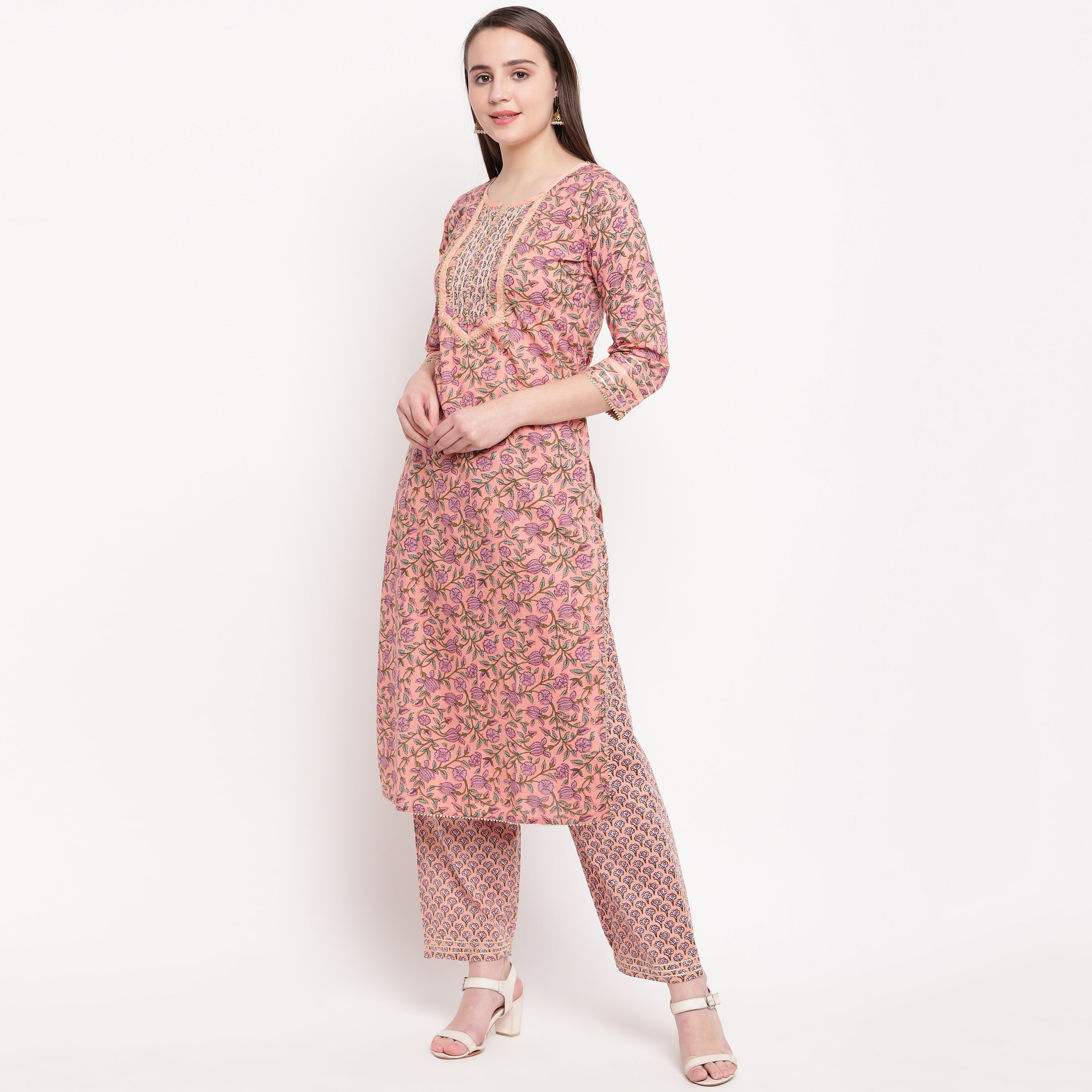 Women's Peach Cotton Kurta With Pant