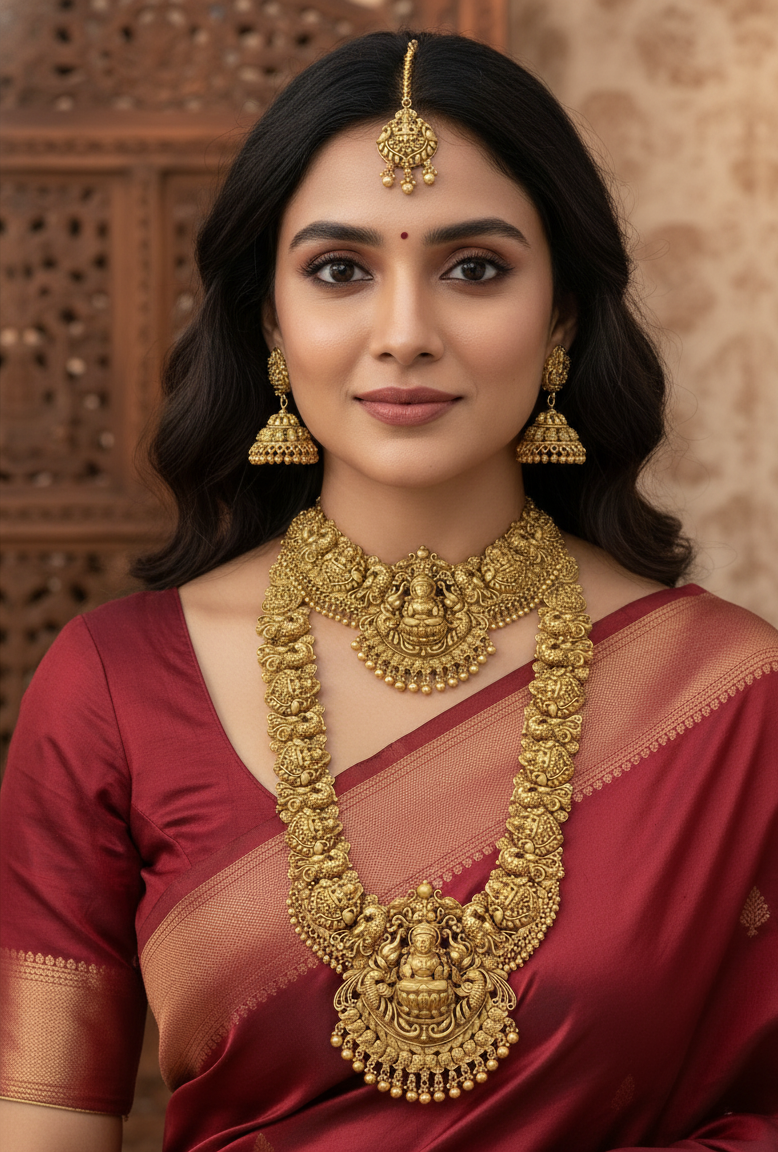 Women's  Elegant South Indian Bridal Jewelry Set With Layered Necklace And Traditional Accessories