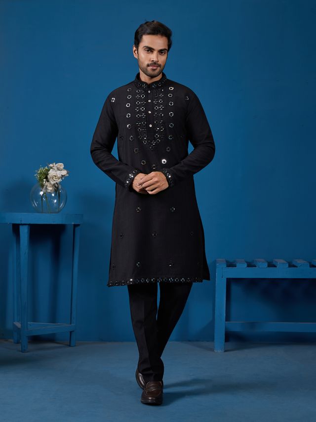 Men's Black Viscose Slik Real Mirror Work With Threads Kurta Set