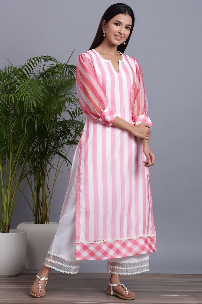 Women's  Organza Striped Kurta Palazzo Set - USA Ready-To-Ship