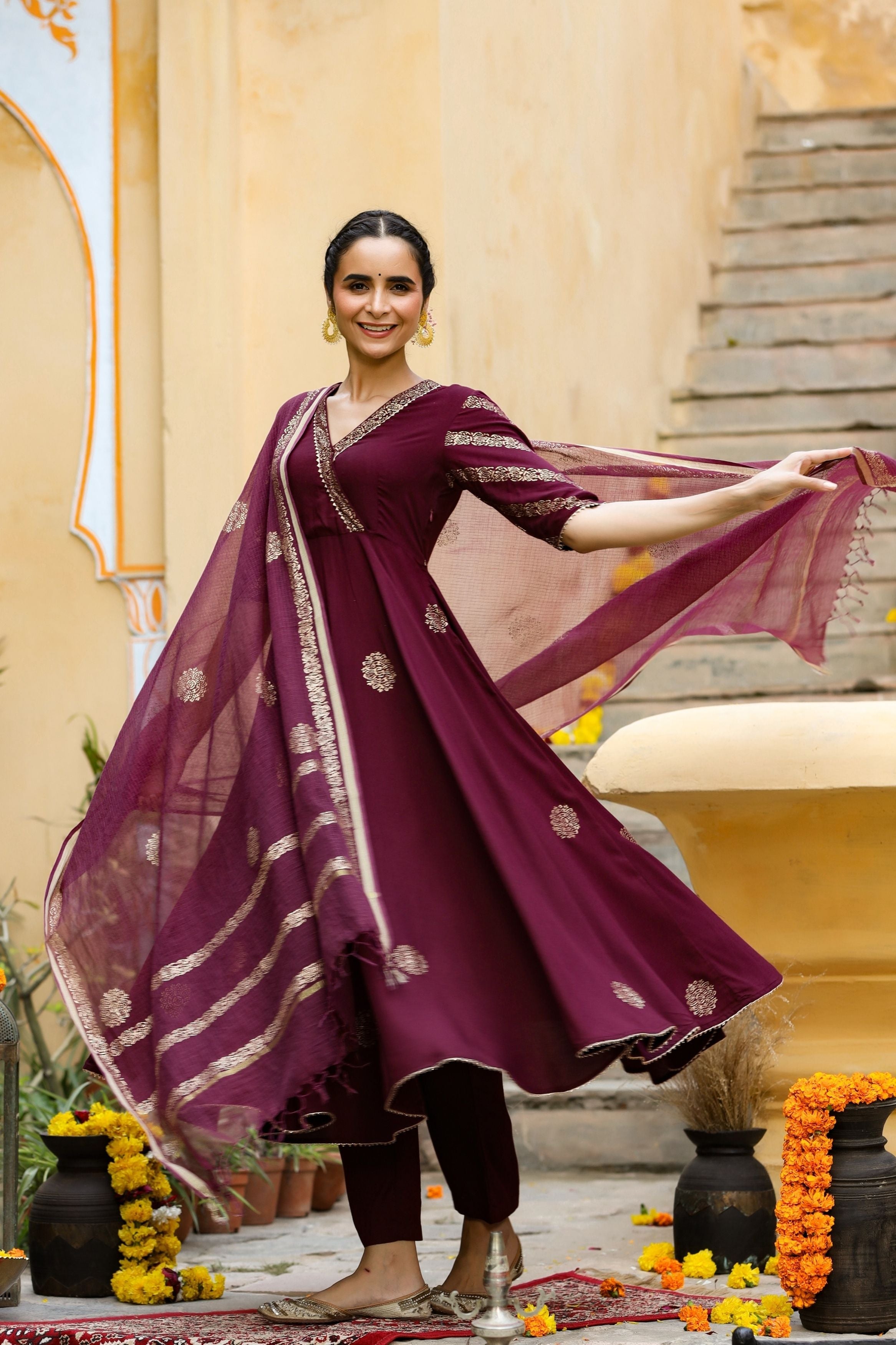 Women's Sitara Wine Gold Printed Suit S