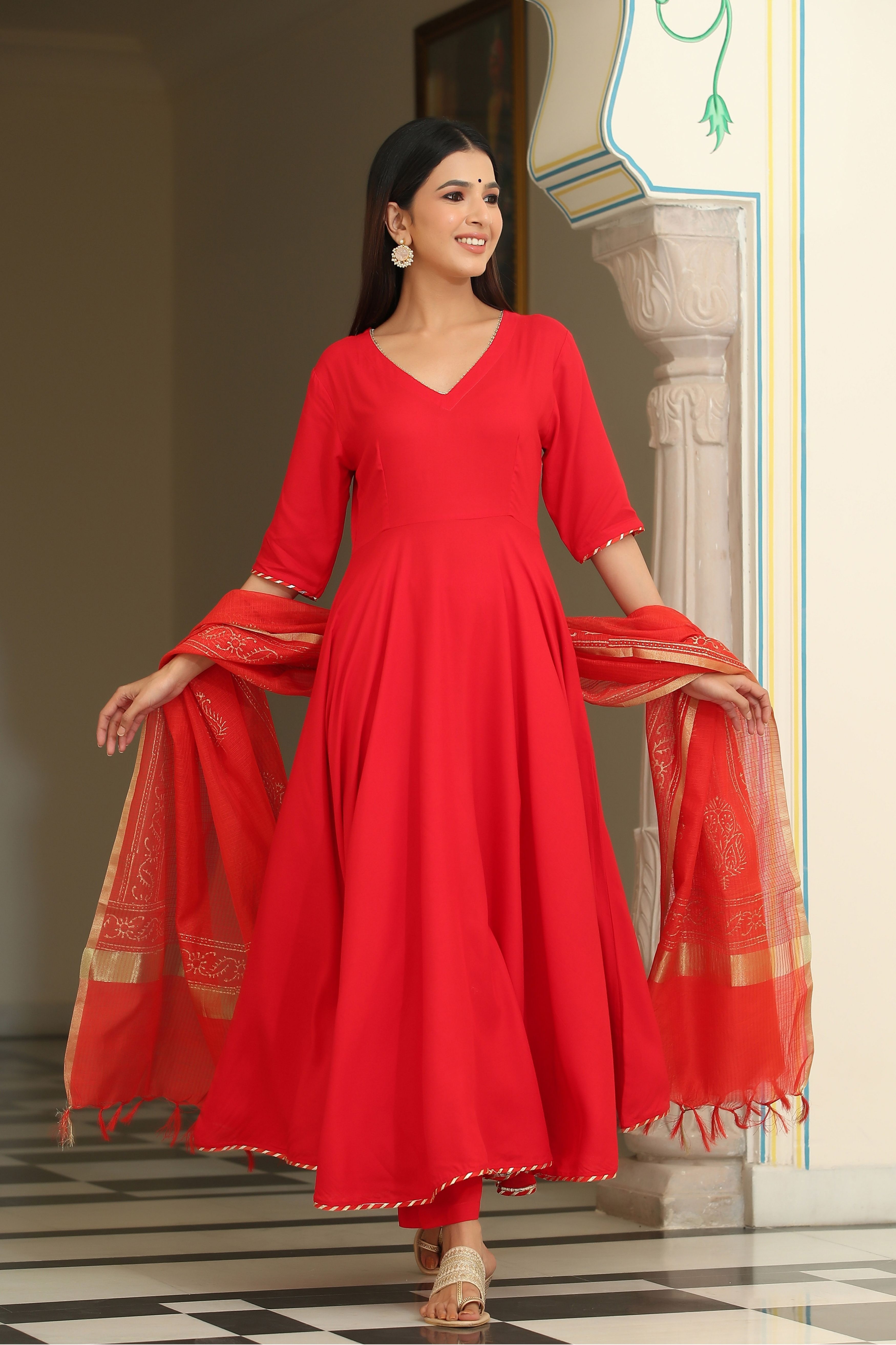 Women's  Jaipuri Rose Red Suit Set - Final Clearance Sale