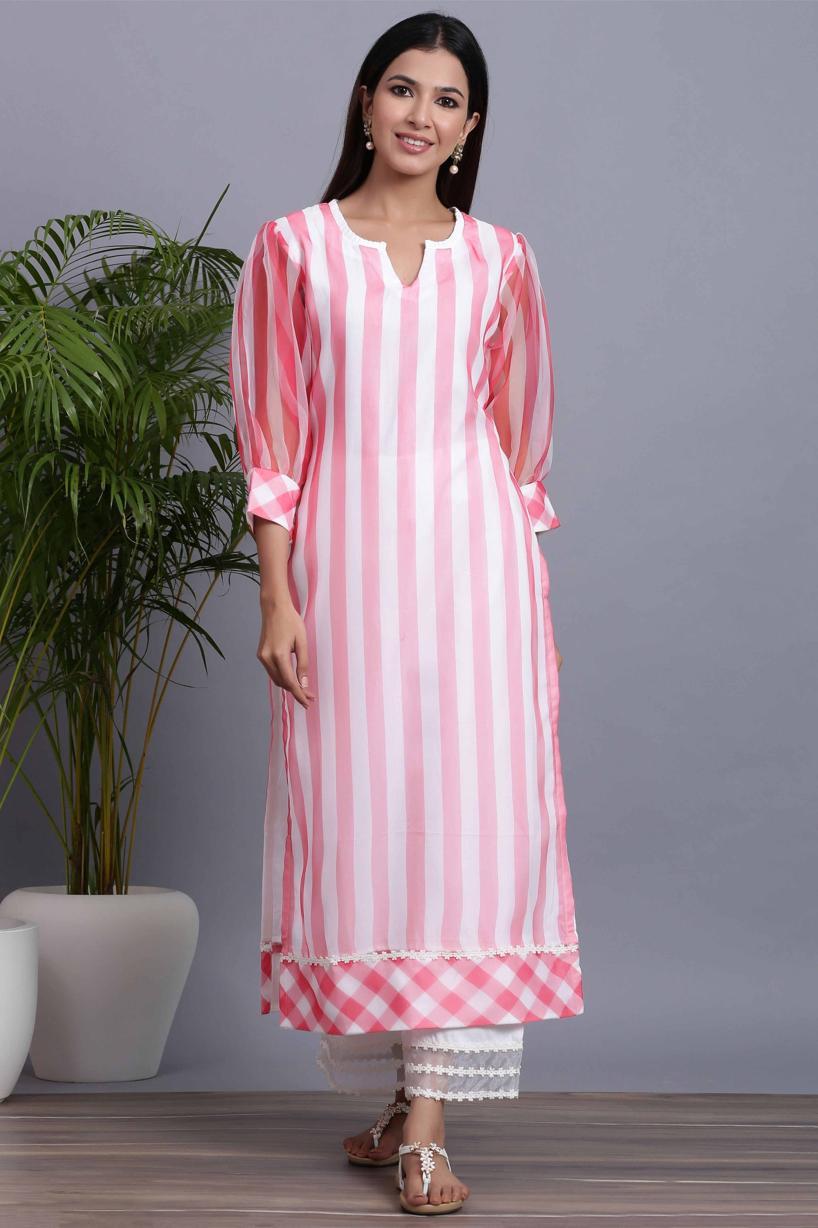 Women's  Organza Striped Kurta Palazzo Set