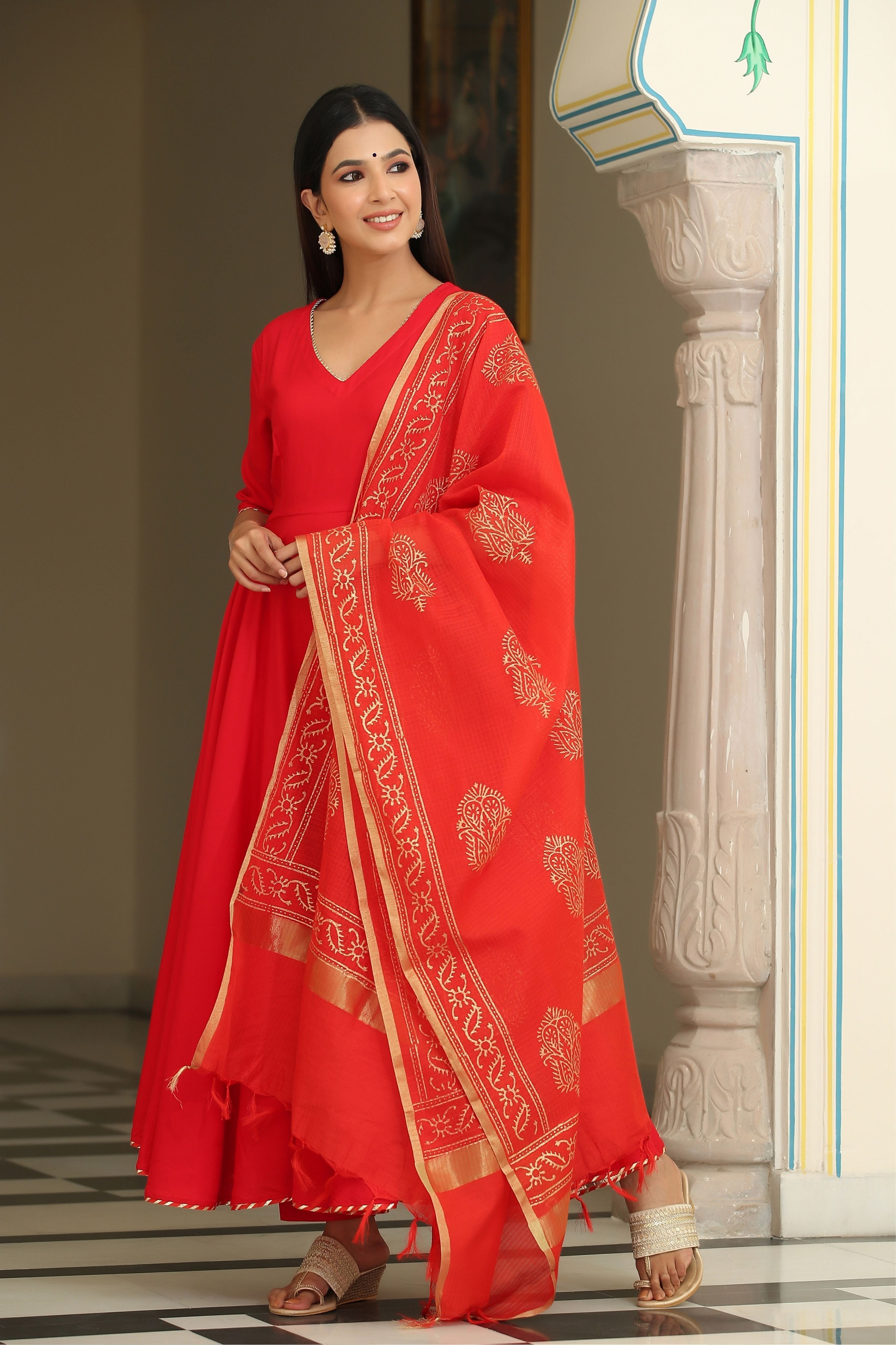 Women's  Jaipuri Rose Red Suit Set - Final Clearance Sale