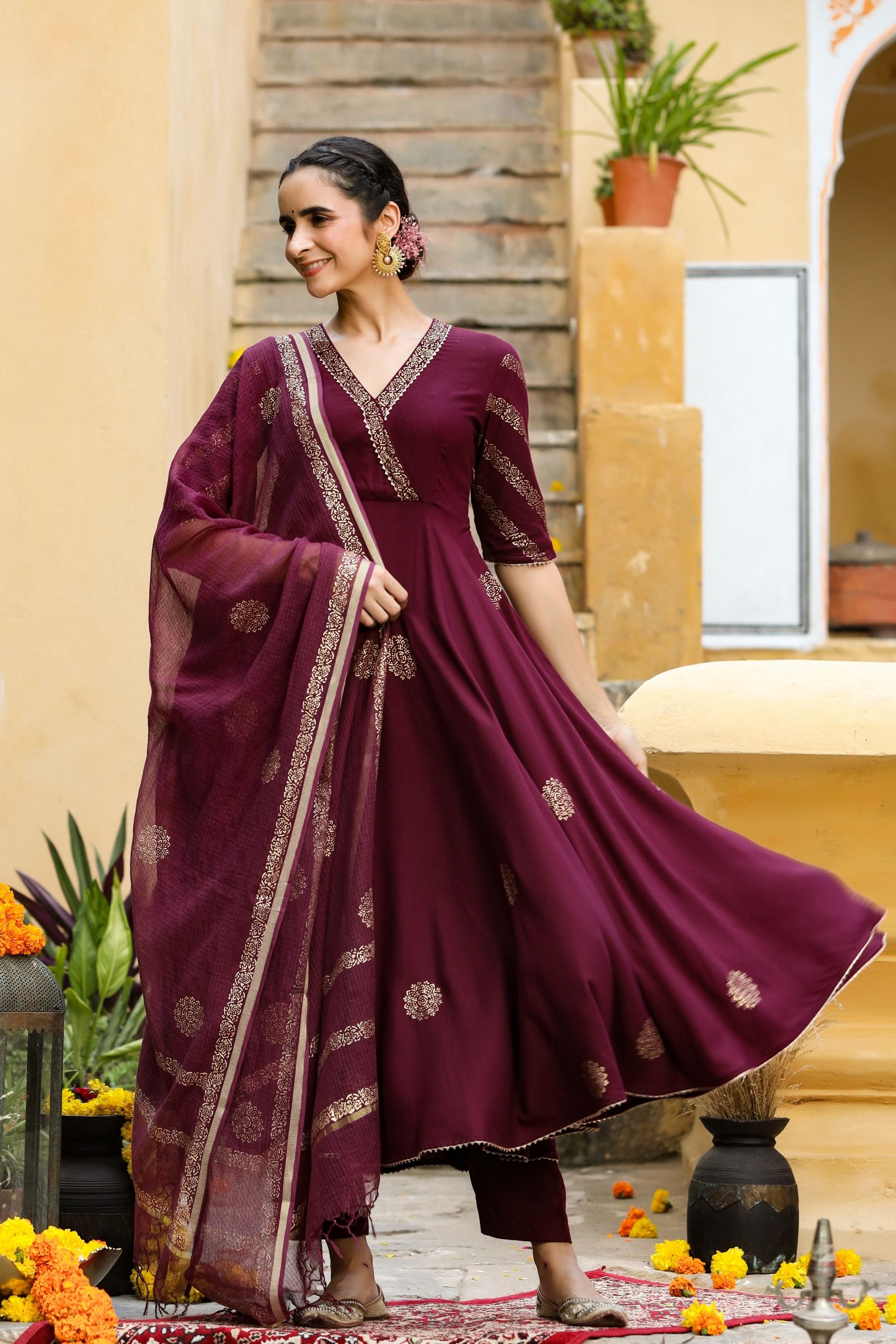 Women's Sitara Wine Gold Printed Suit S