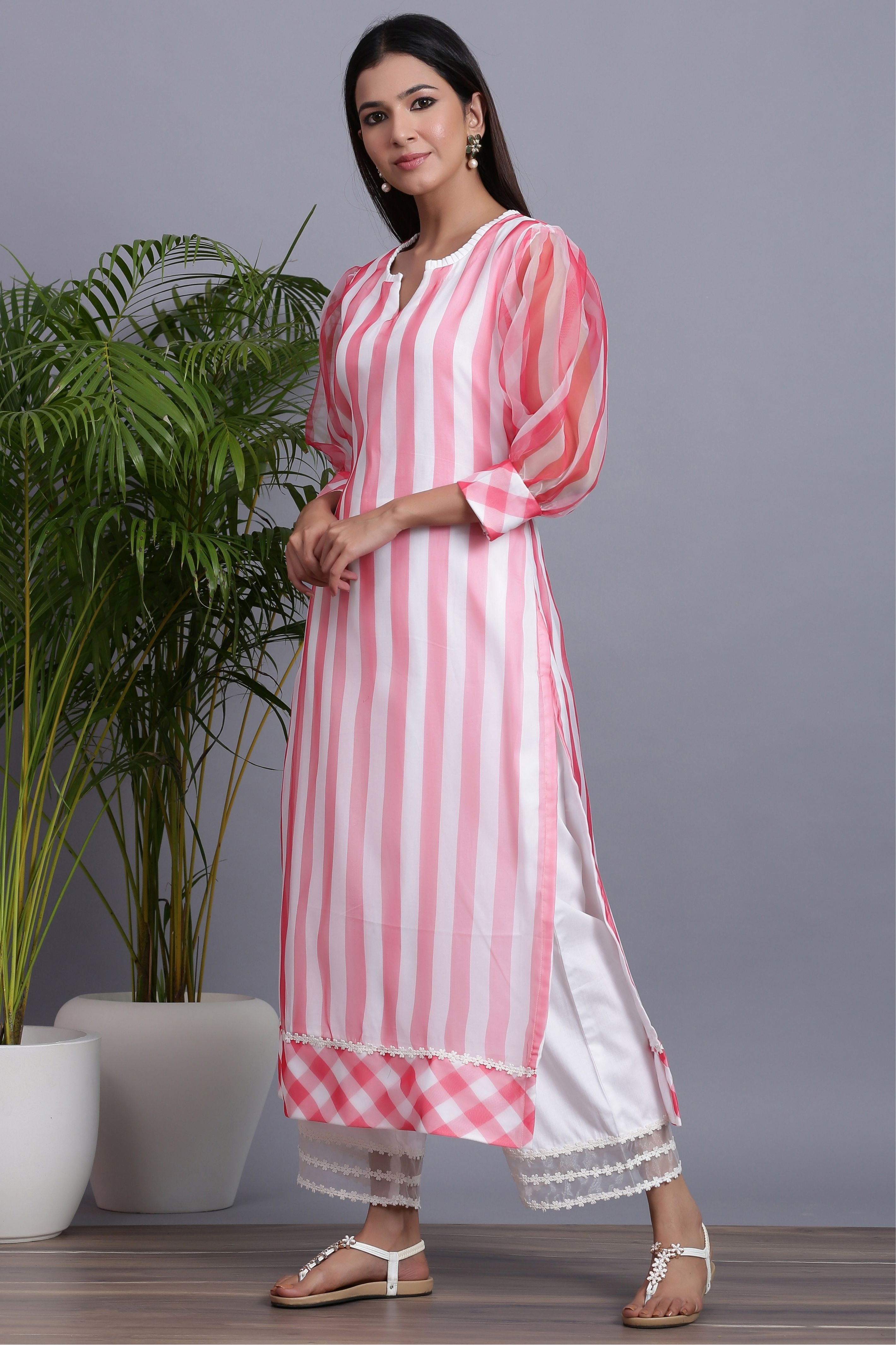 Women's  Organza Striped Kurta Palazzo Set