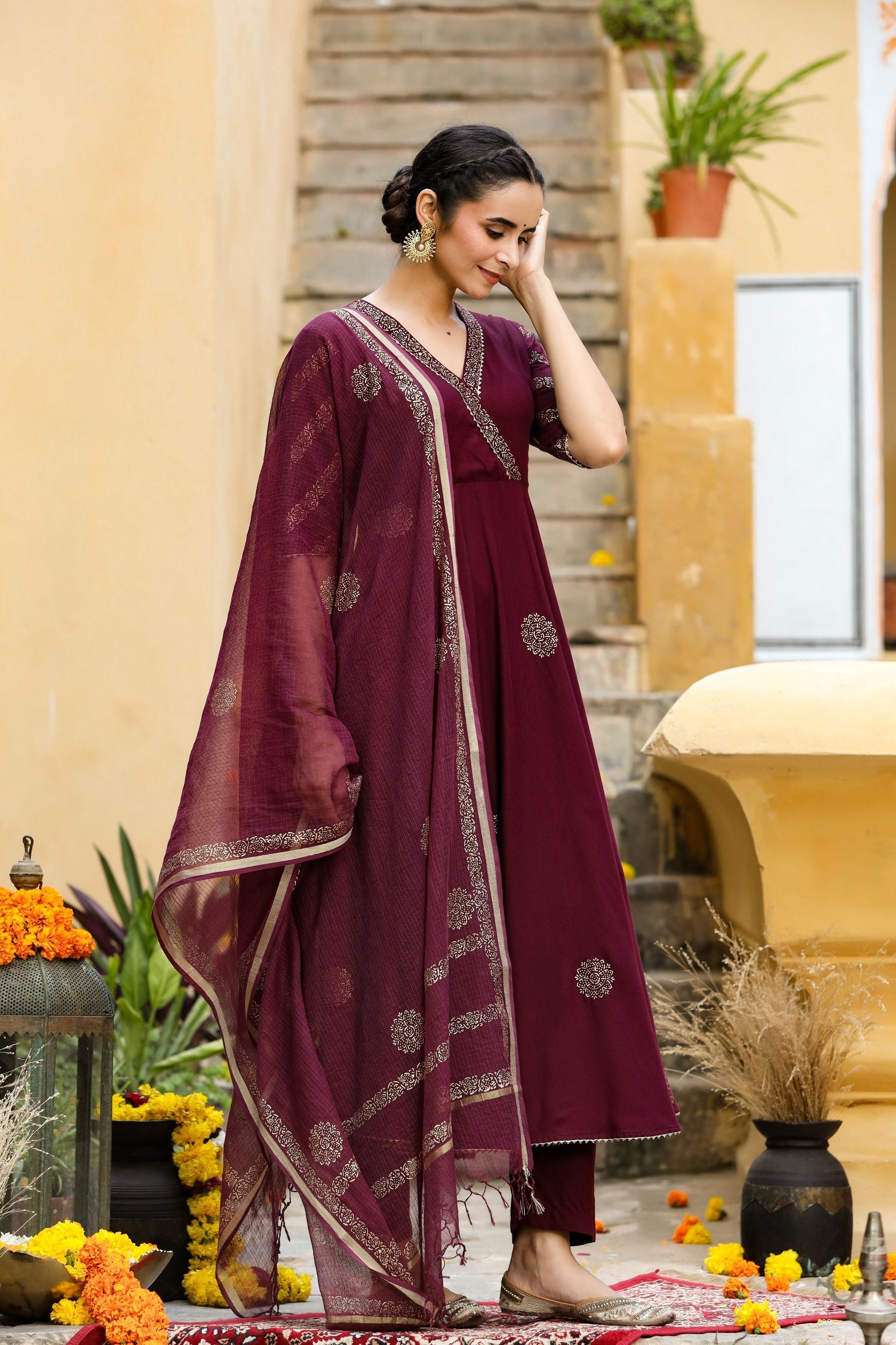 Women's Sitara Wine Gold Printed Suit S