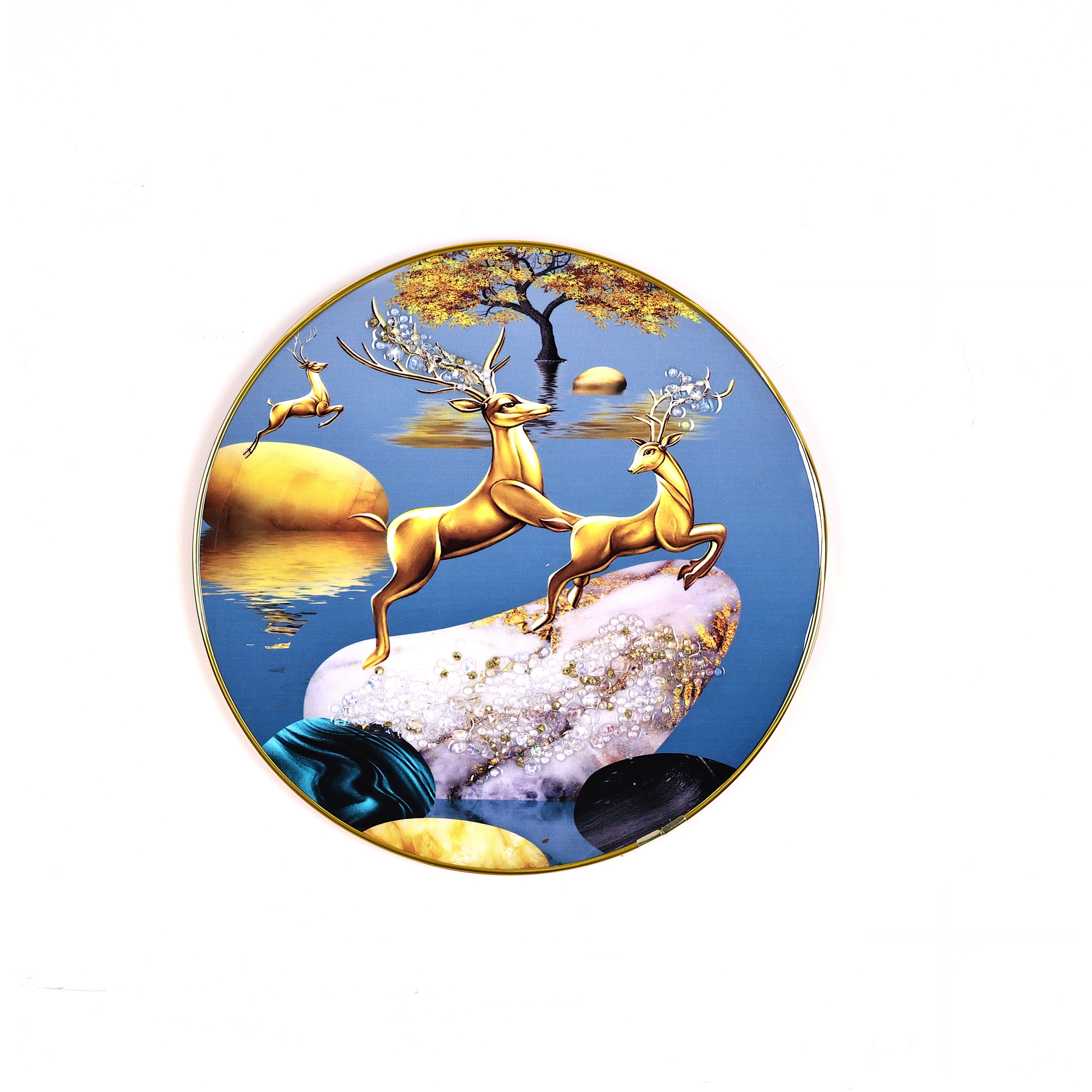 Golden Deer Crystal Embellished Resin Round Shape Wall Hanging