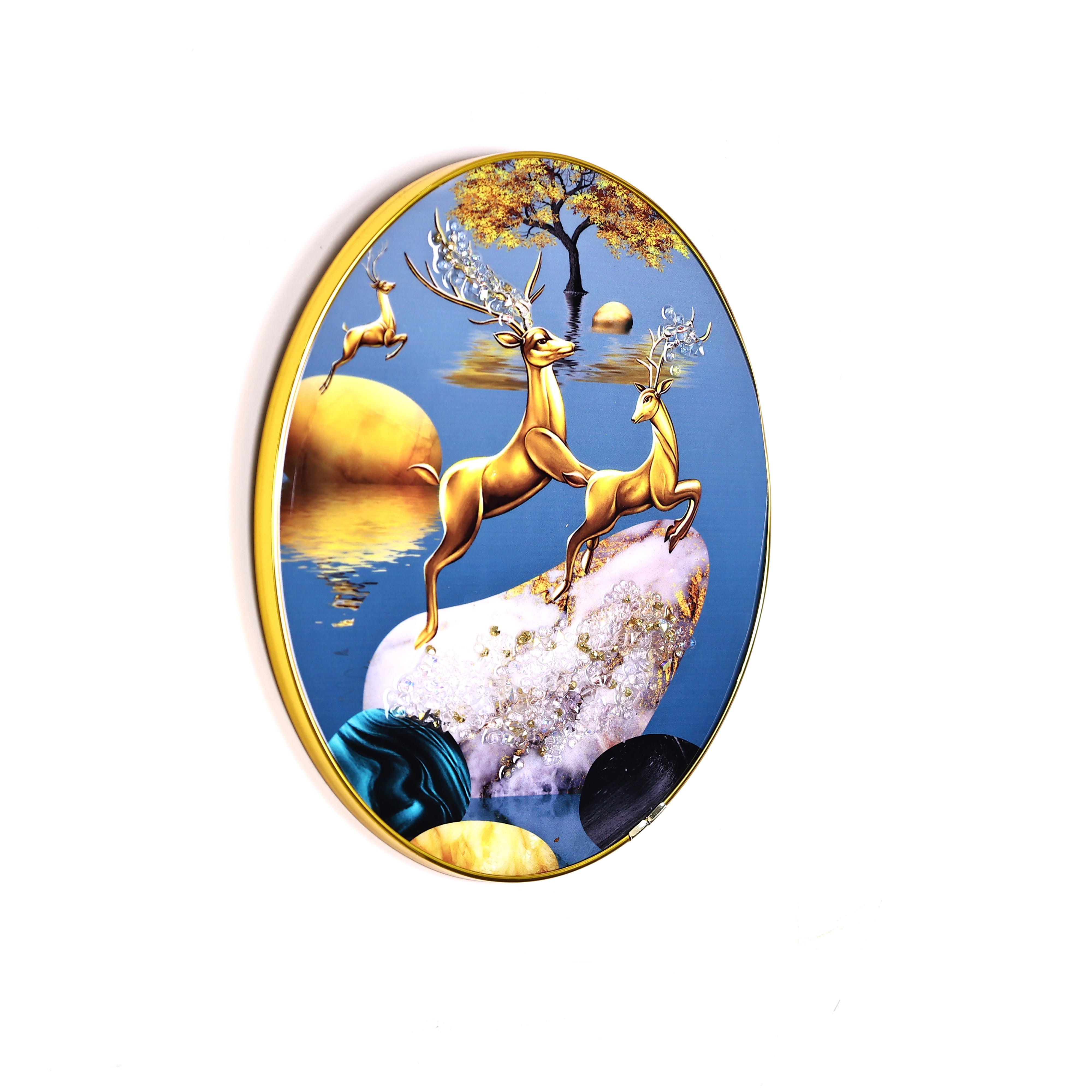 Golden Deer Crystal Embellished Resin Round Shape Wall Hanging