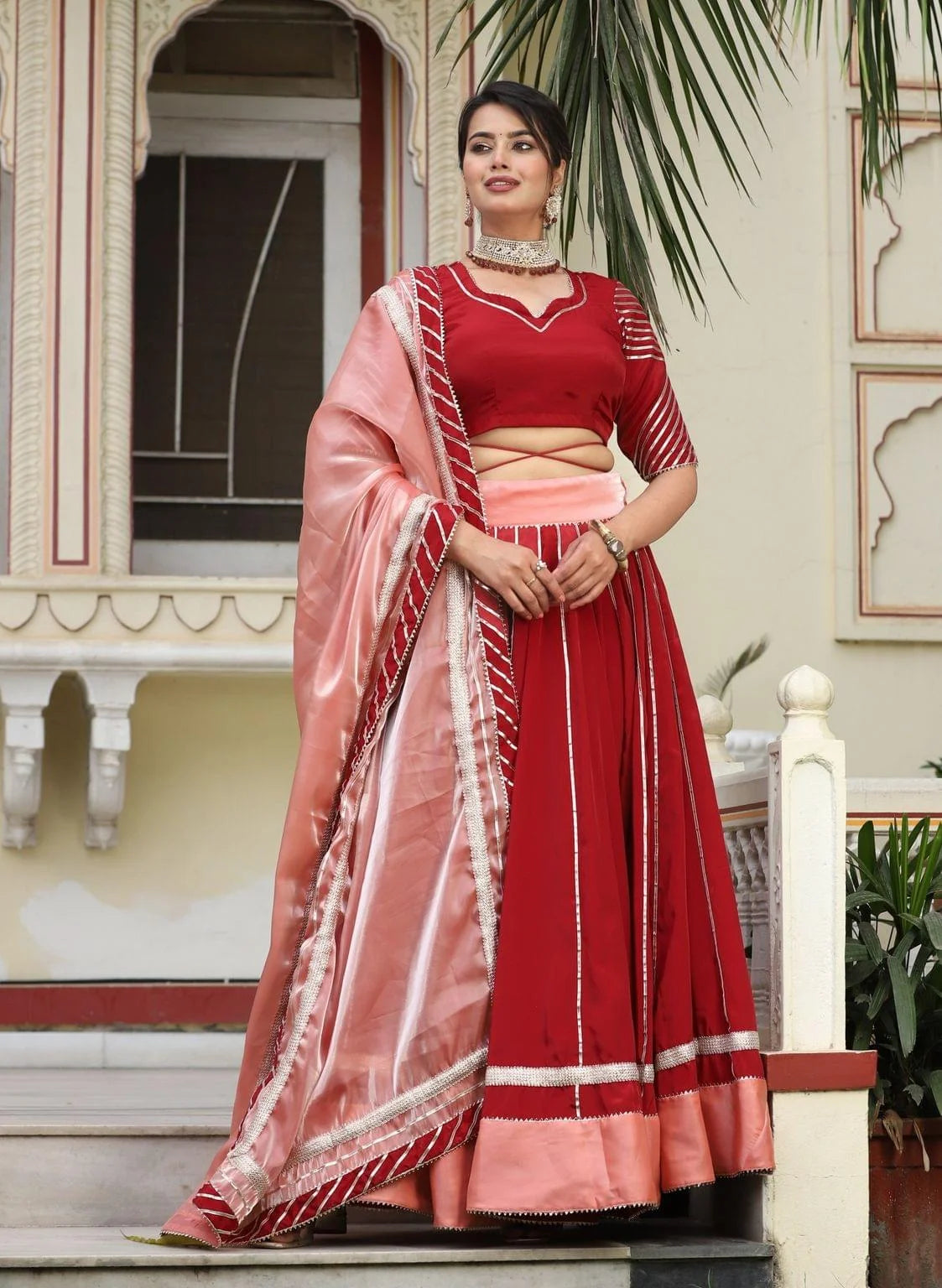 Women's Goota Jaal Maroon Silk Lehenga - Lado Jaipuri