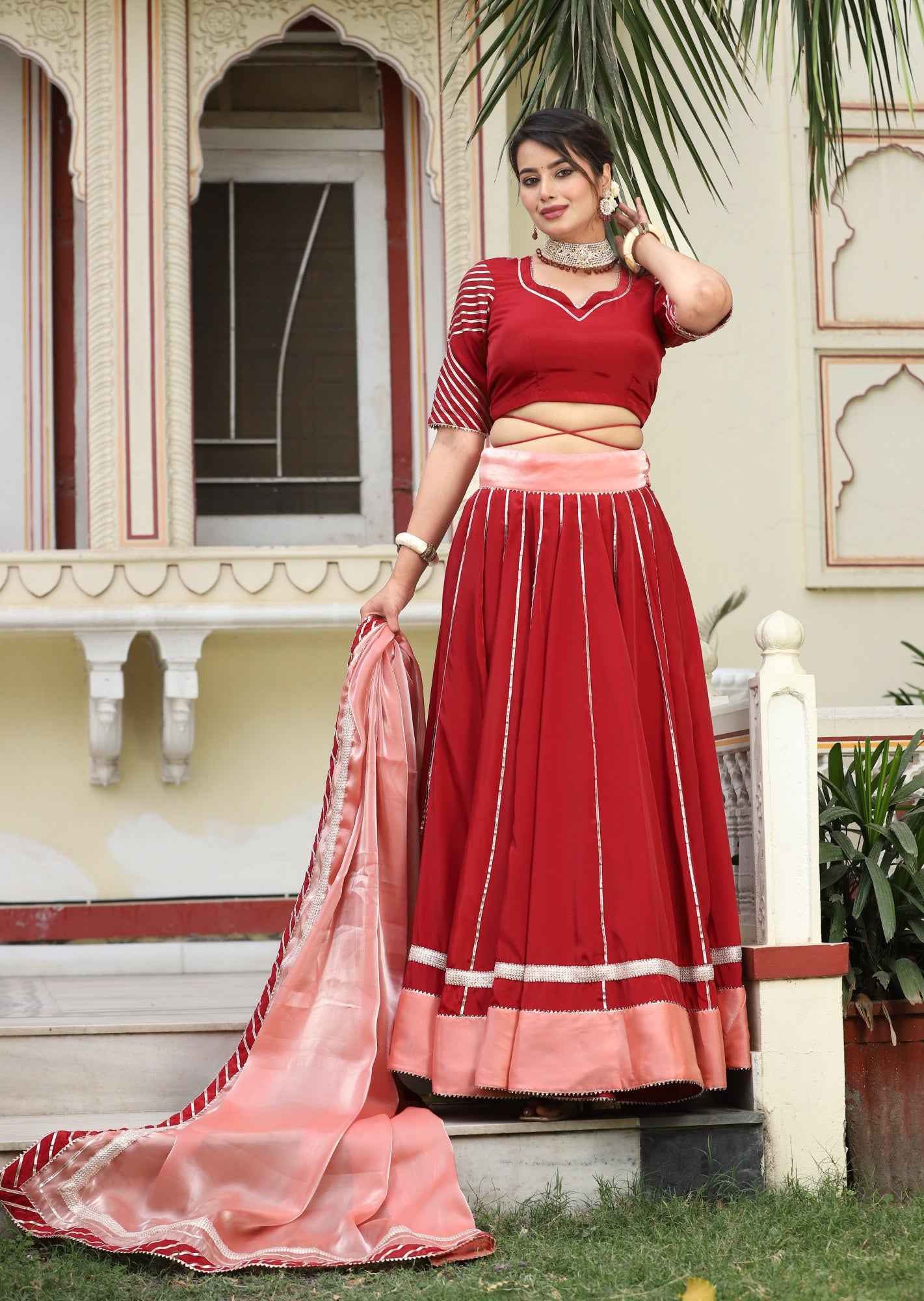 Women's Goota Jaal Maroon Silk Lehenga - Lado Jaipuri