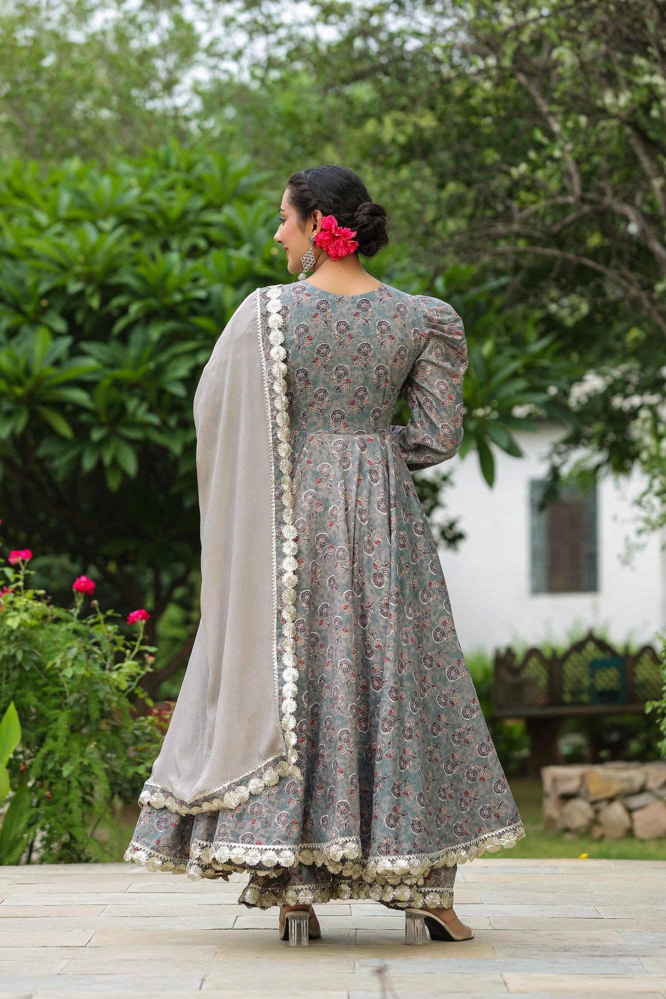 Women's Granny Grey Cotton Gota Anarkali Suit Set Green / XS | Trendia Global Women's Granny Grey Cotton Gota Anarkali Suit Set Green / XS | Trendia Global