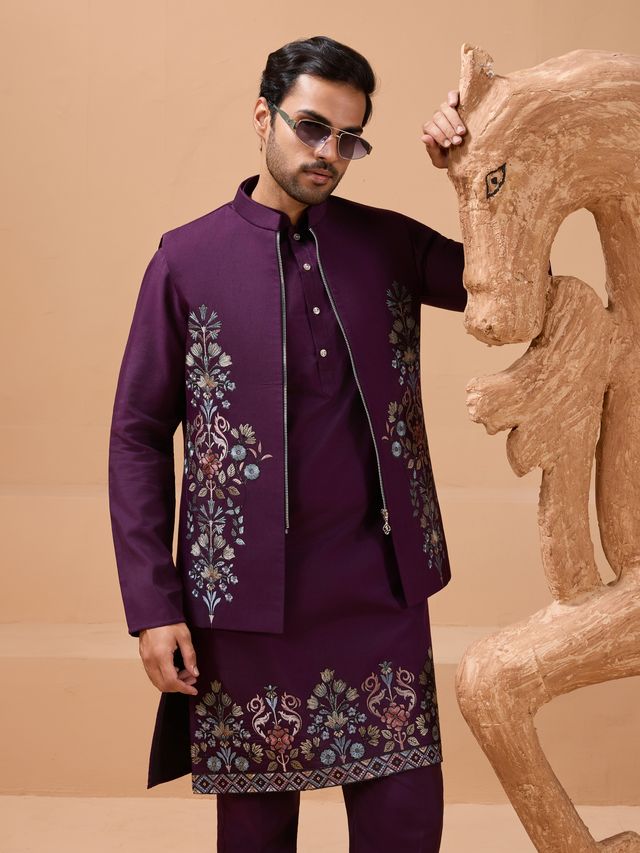 Men's Purple Viscose Silk Multi Thread With Sequence Embroidered Work Kurta Set