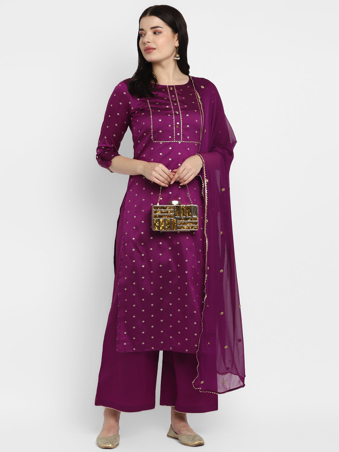 Women's Brinjal Color Polyster blend Self Design Kurta Pant With Dupatta