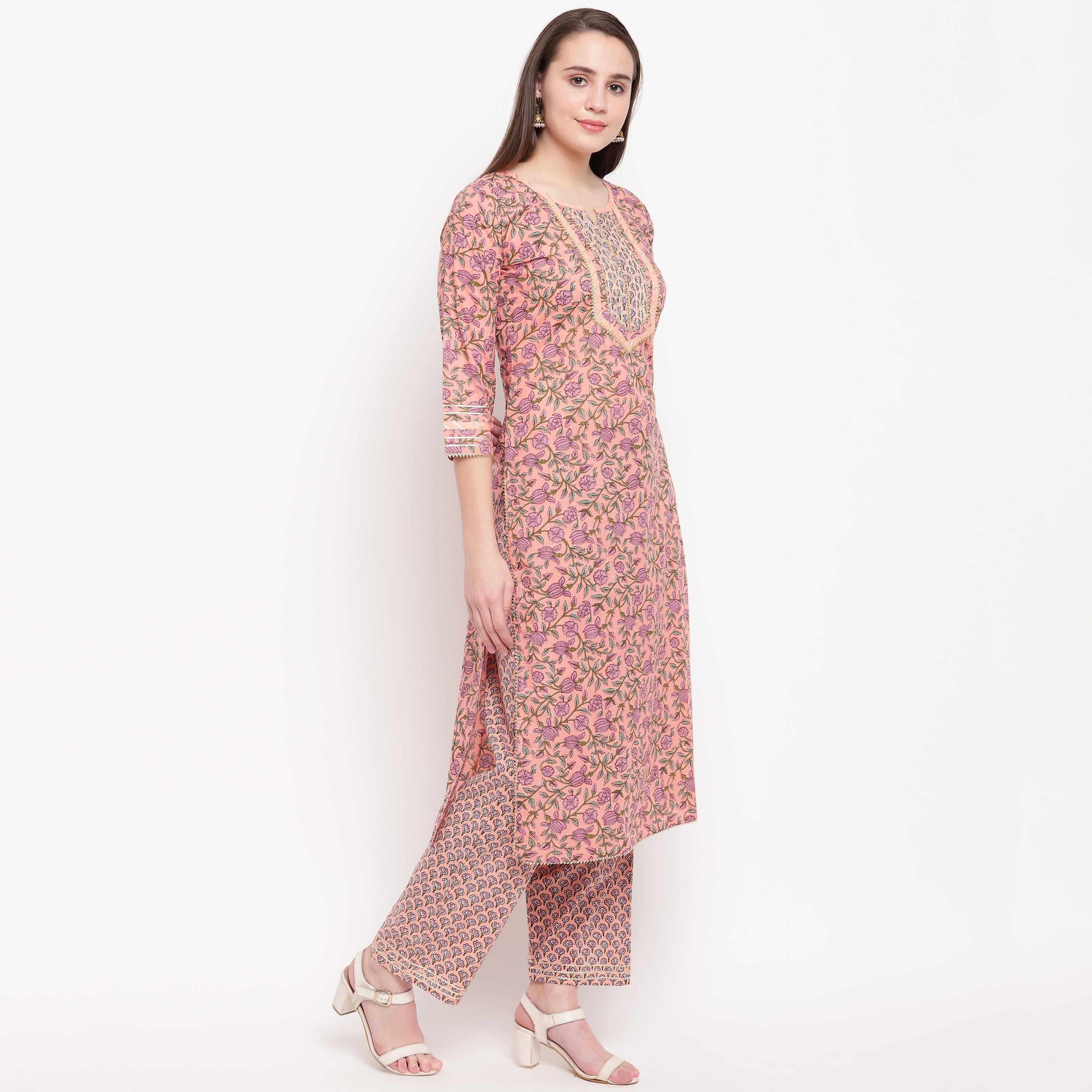 Women's Peach Cotton Kurta With Pant