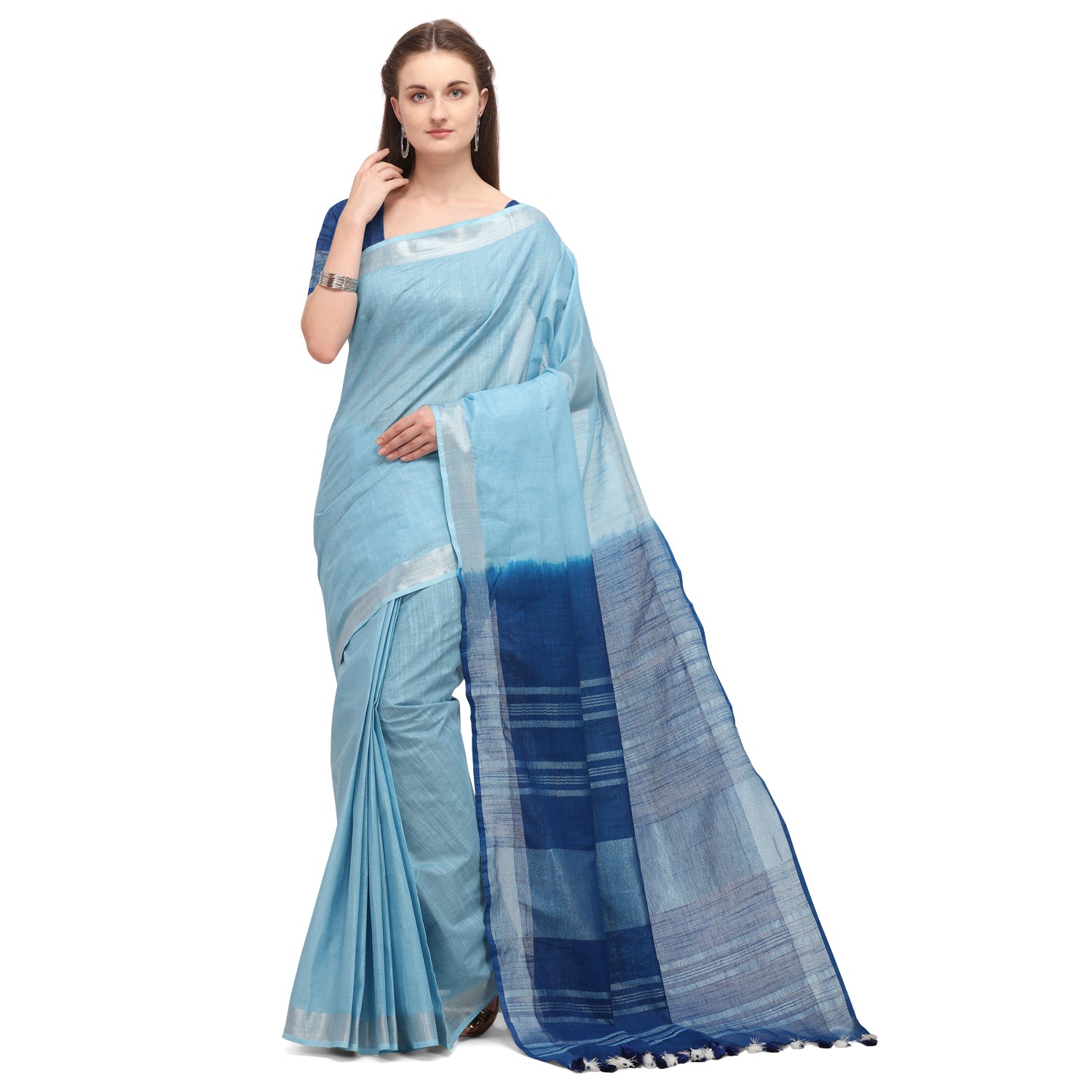 Women's self Woven Solid Textured Dual Shade Daily Wear Cotton Linen Sari With Blouse Piece (Blue) - NIMIDHYA