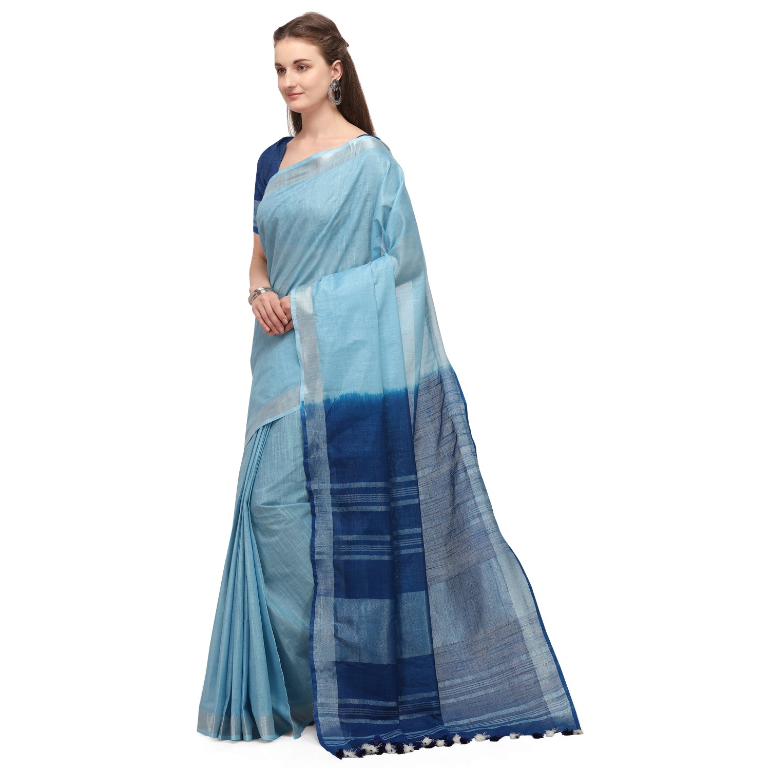 Women's self Woven Solid Textured Dual Shade Daily Wear Cotton Linen Sari With Blouse Piece (Blue) - NIMIDHYA