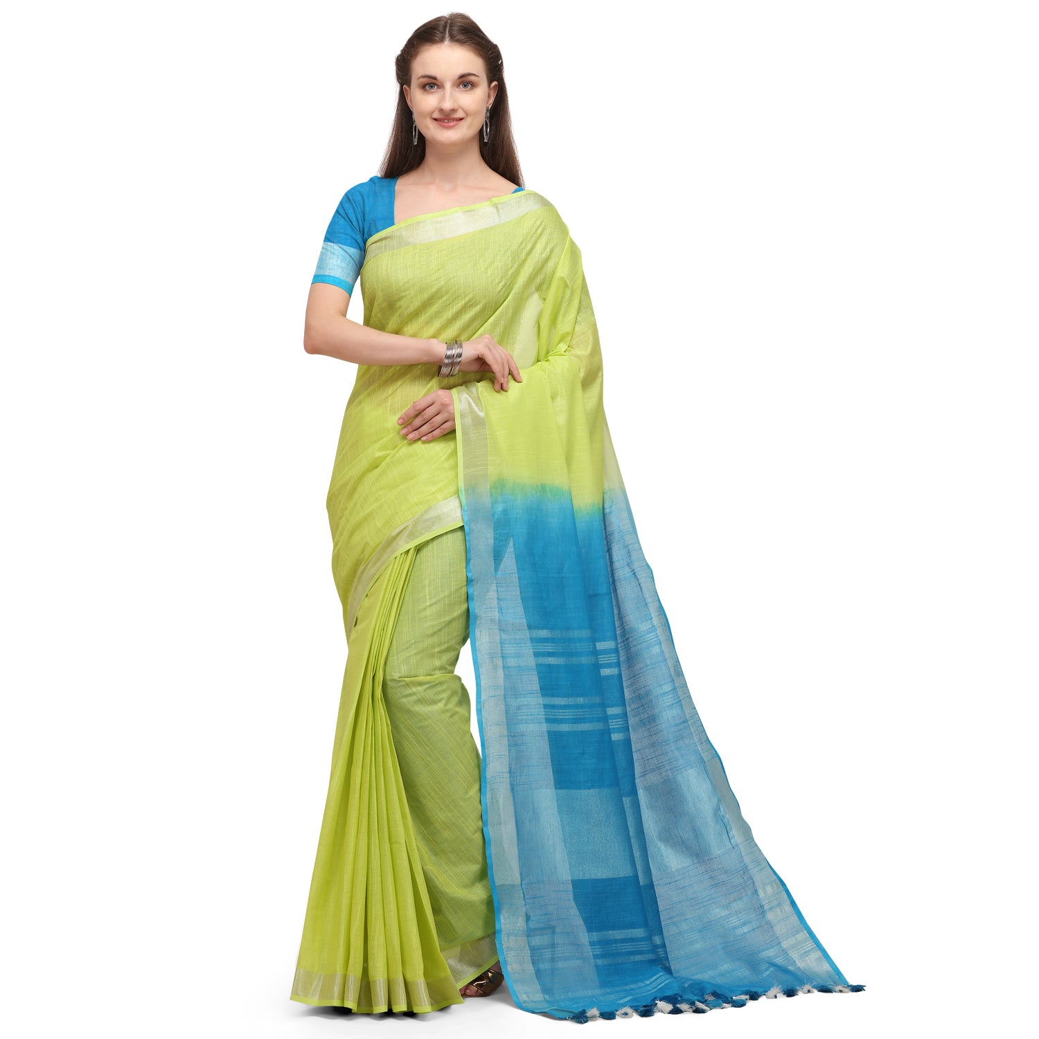 Women's self Woven Solid Textured Dual Shade Daily Wear Cotton Linen Sari With Blouse Piece (Green) - NIMIDHYA
