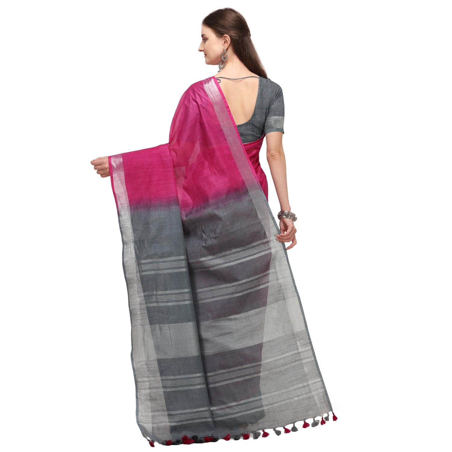 Women's self Woven Solid Textured Dual Shade Daily Wear Cotton Linen Sari With Blouse Piece (Rani) - NIMIDHYA
