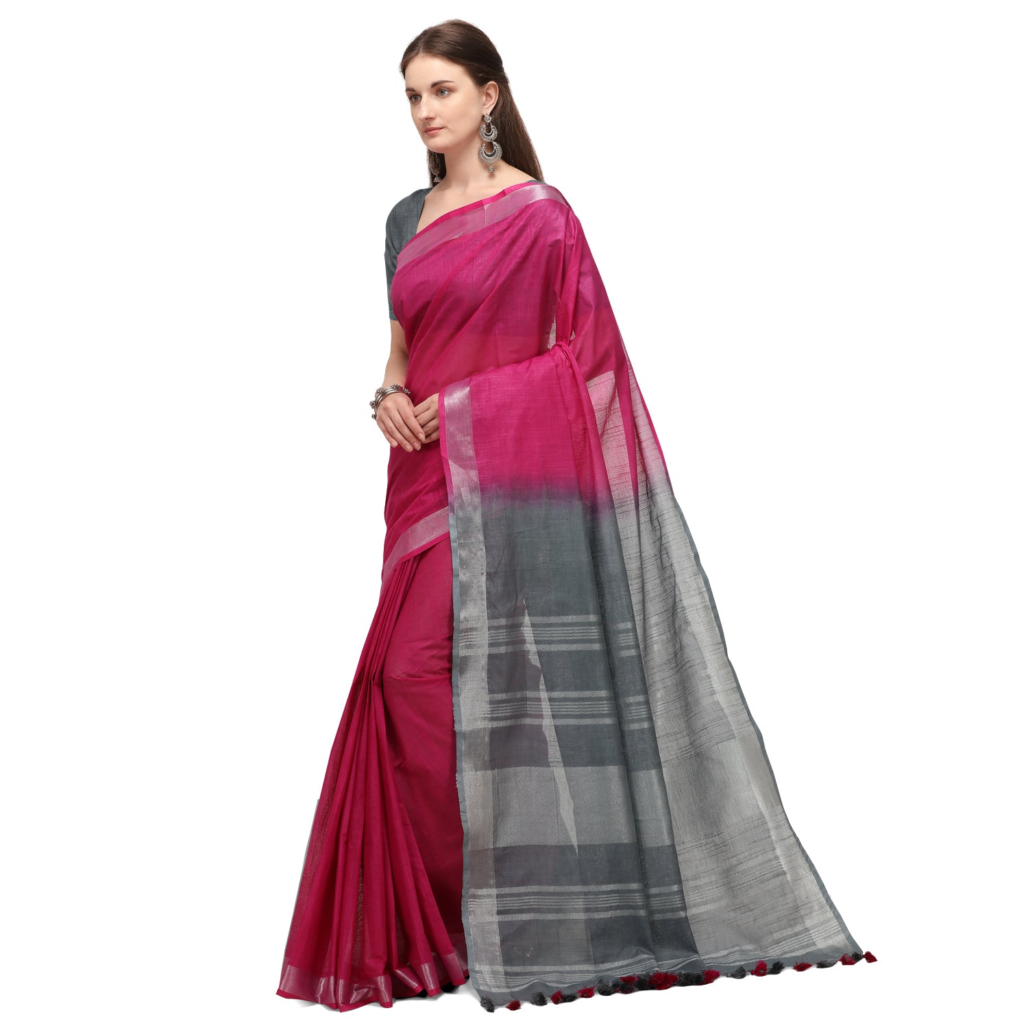 Women's self Woven Solid Textured Dual Shade Daily Wear Cotton Linen Sari With Blouse Piece (Rani) - NIMIDHYA