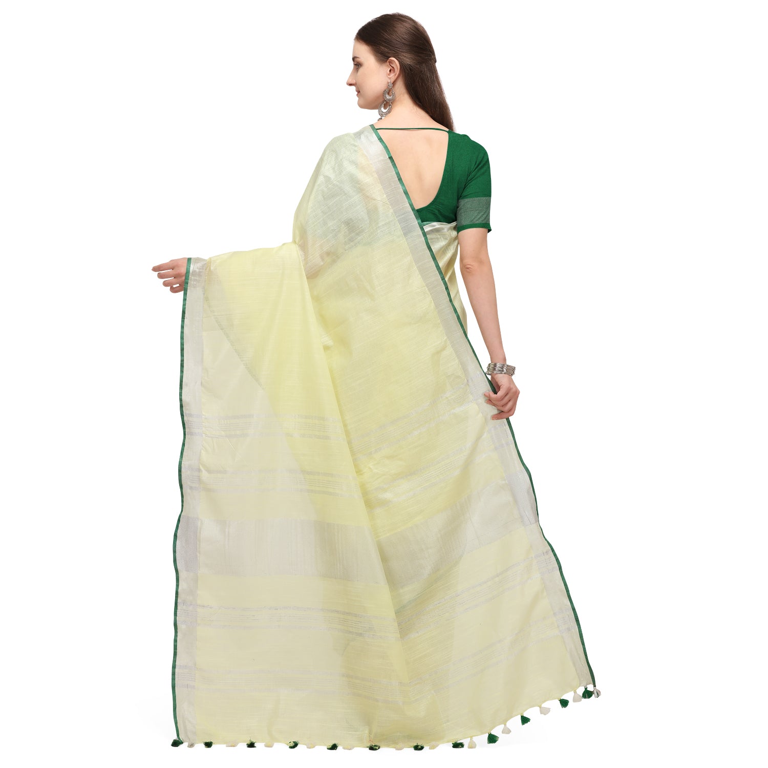 Women's self Woven Solid Textured Daily Wear Cotton Linen Sari With Blouse Piece (Light Yellow) - NIMIDHYA