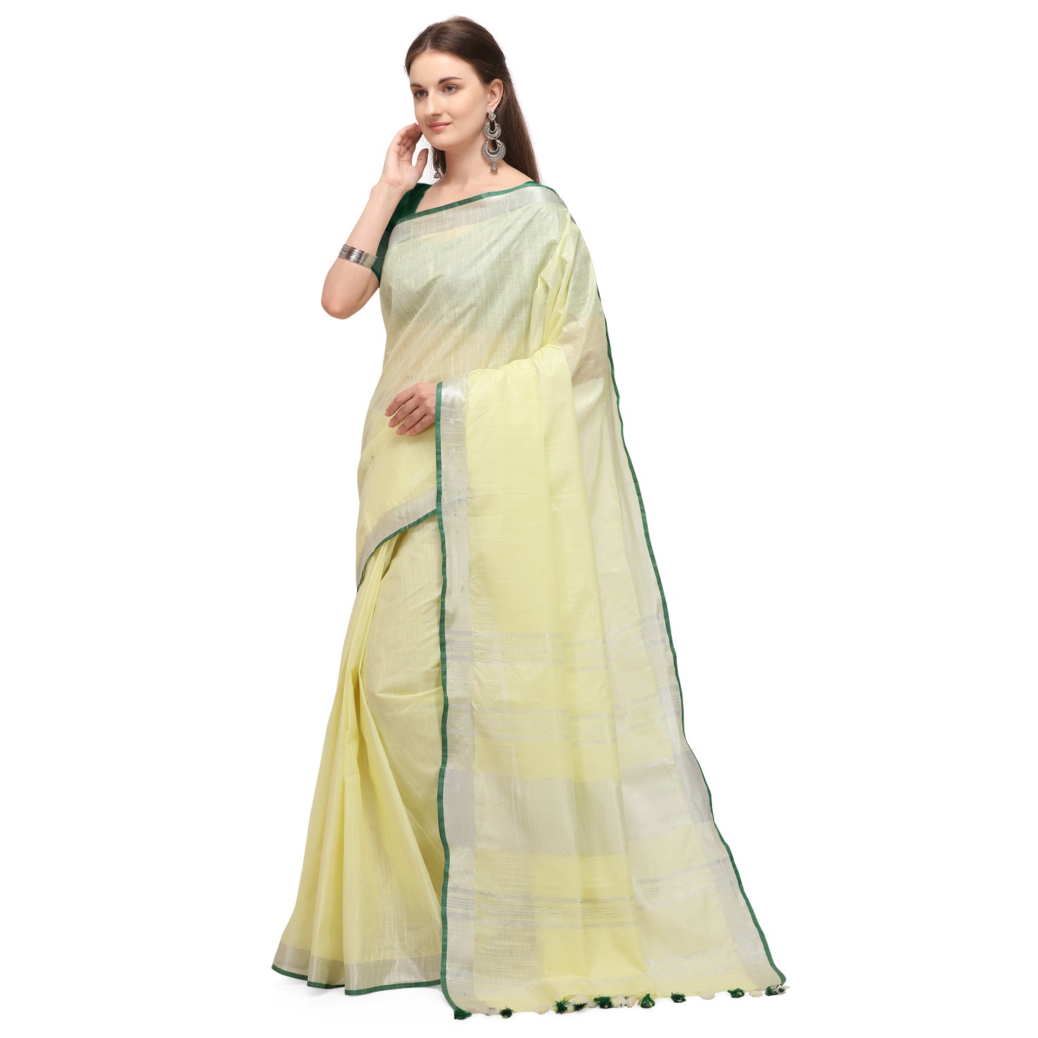 Women's self Woven Solid Textured Daily Wear Cotton Linen Sari With Blouse Piece (Light Yellow) - NIMIDHYA