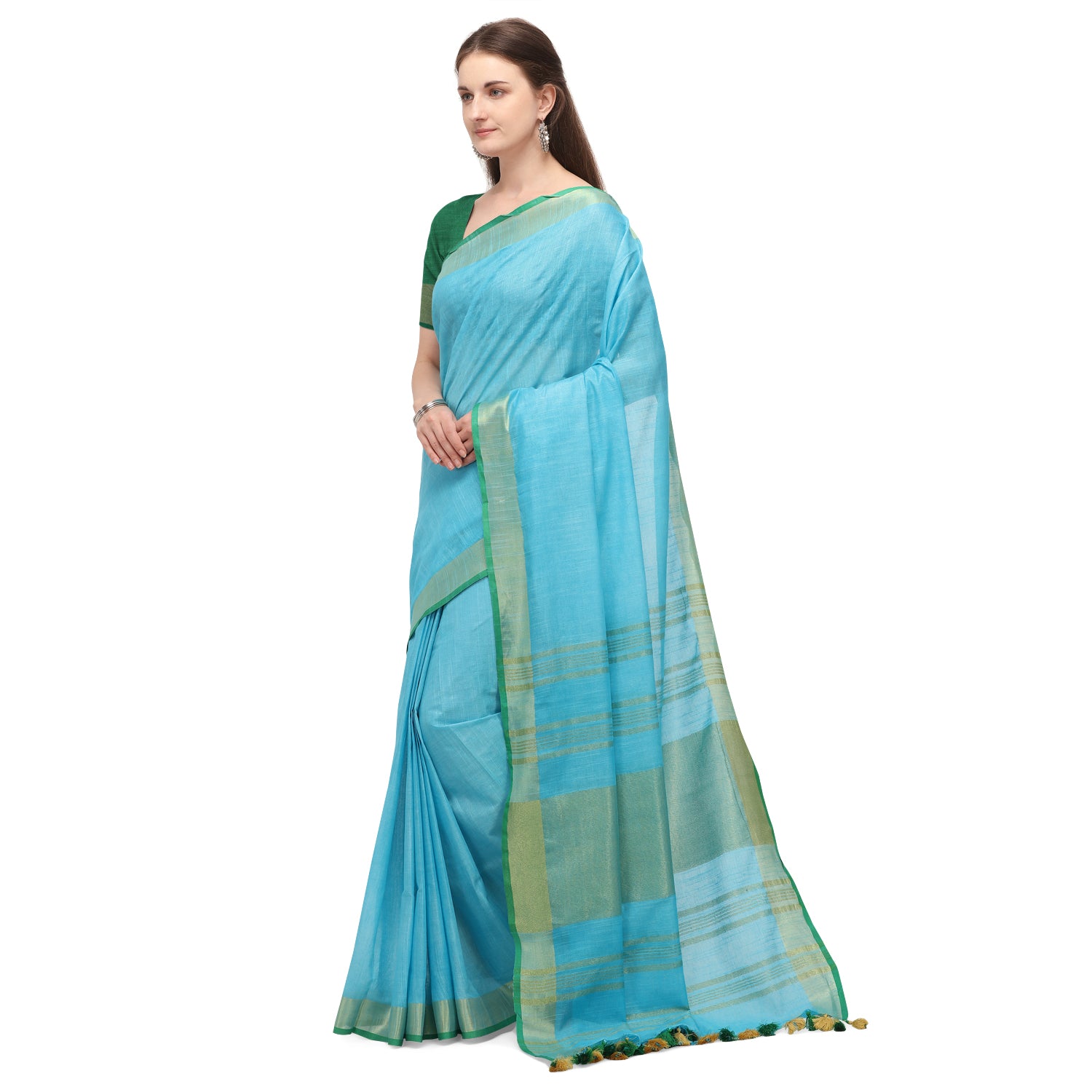 Women's self Woven Solid Textured Daily Wear Cotton Linen Sari With Blouse Piece (Sky Blue) - NIMIDHYA