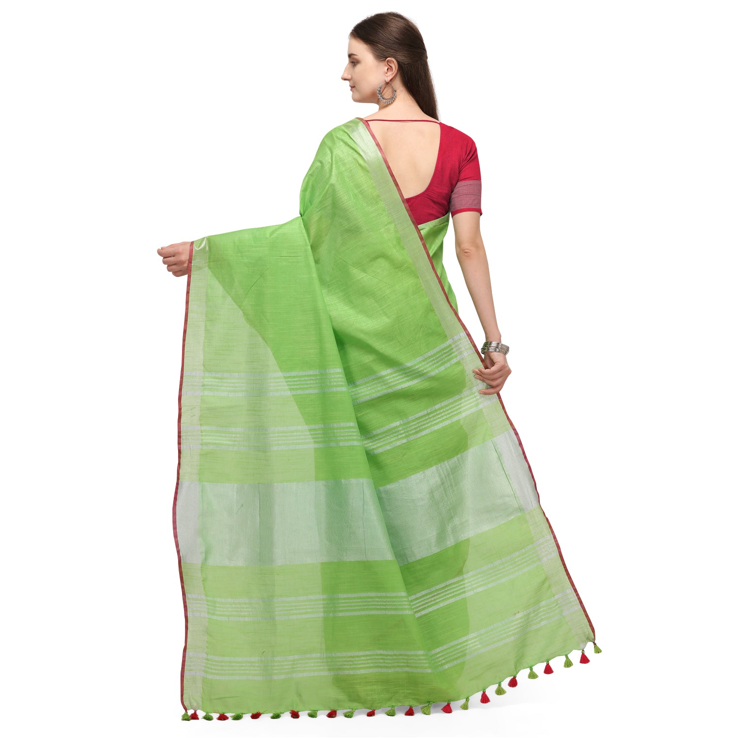 Women's self Woven Solid Textured Daily Wear Cotton Linen Sari With Blouse Piece (Light Green) - NIMIDHYA