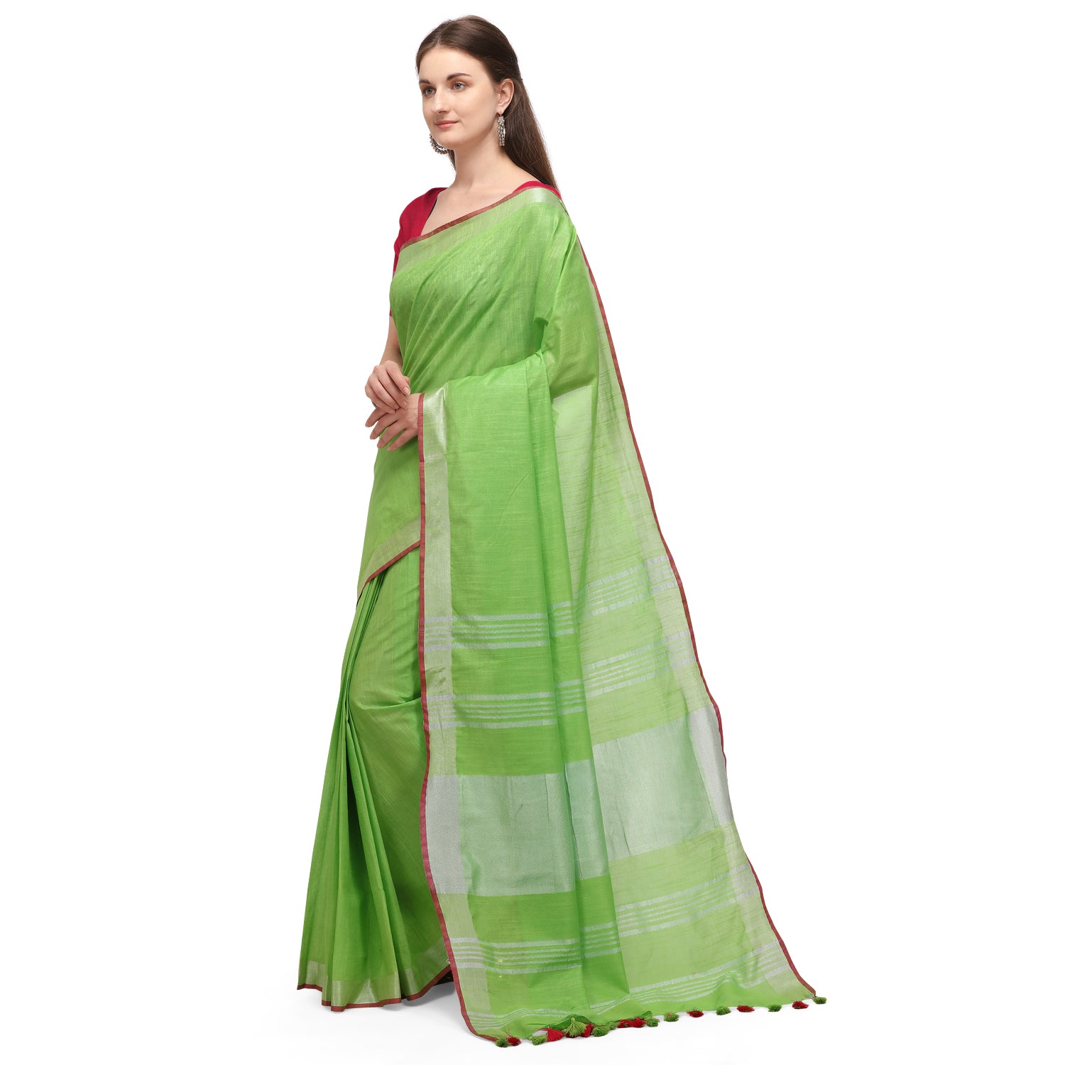 Women's self Woven Solid Textured Daily Wear Cotton Linen Sari With Blouse Piece (Light Green) - NIMIDHYA