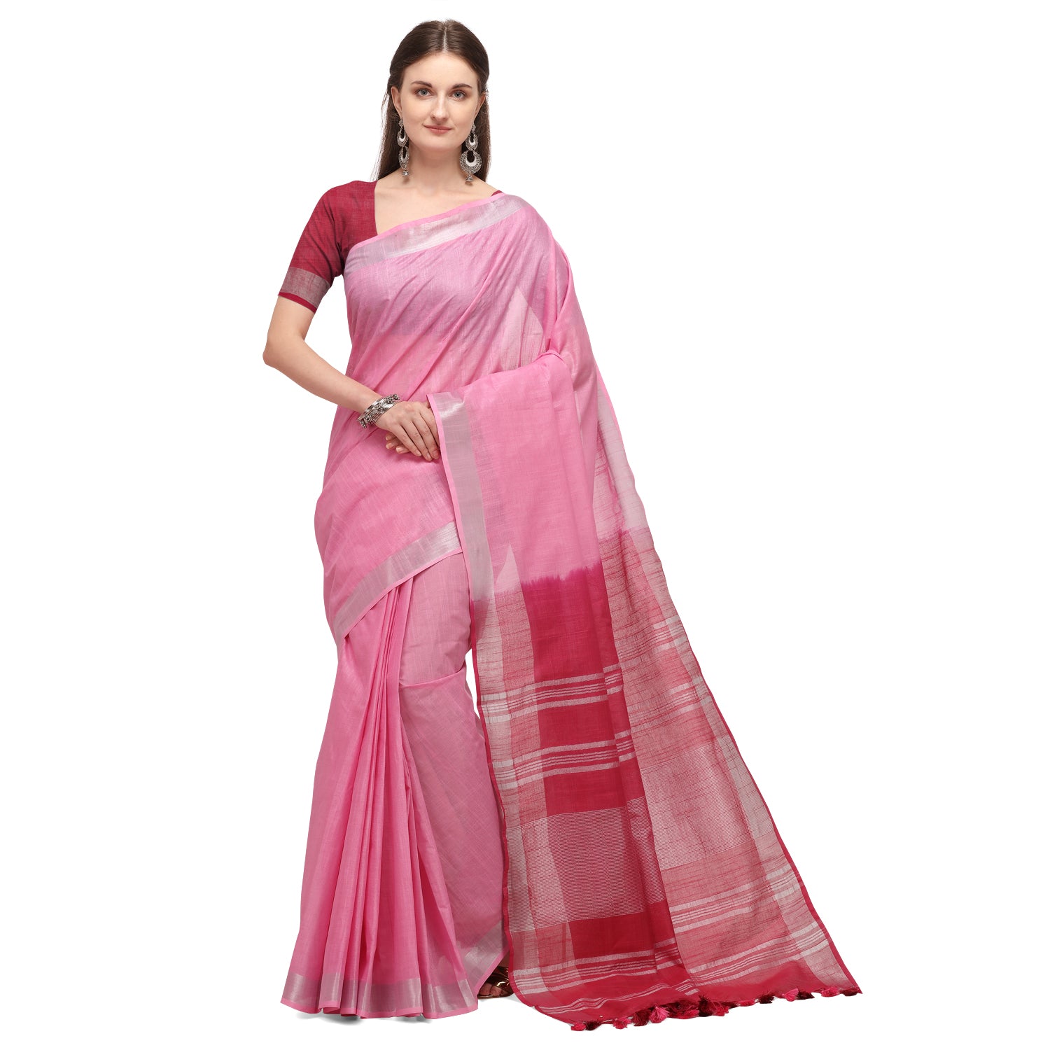 Women's self Woven Solid Textured Dual Shade Daily Wear Cotton Linen Sari With Blouse Piece (Pink)