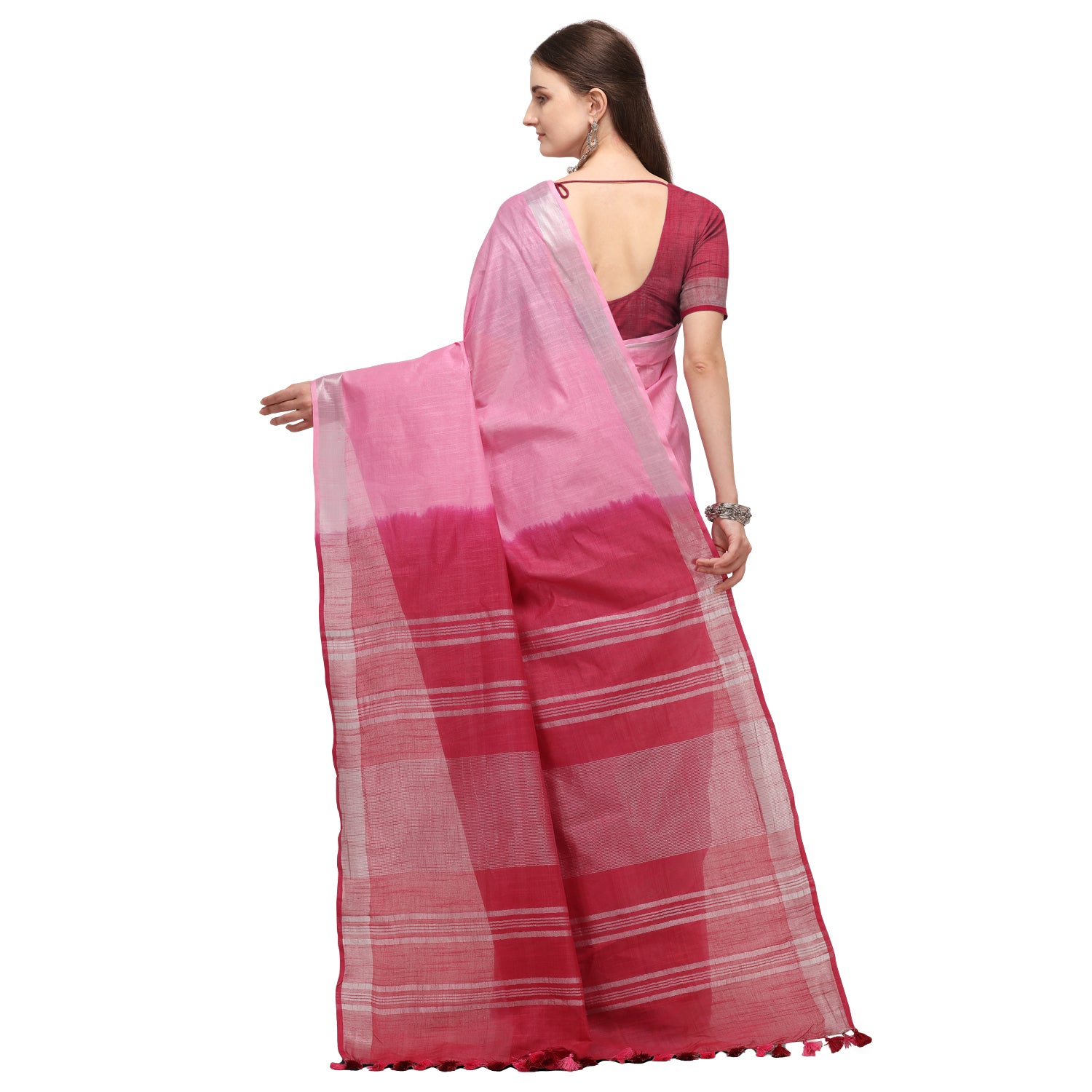 Women's self Woven Solid Textured Dual Shade Daily Wear Cotton Linen Sari With Blouse Piece (Pink)