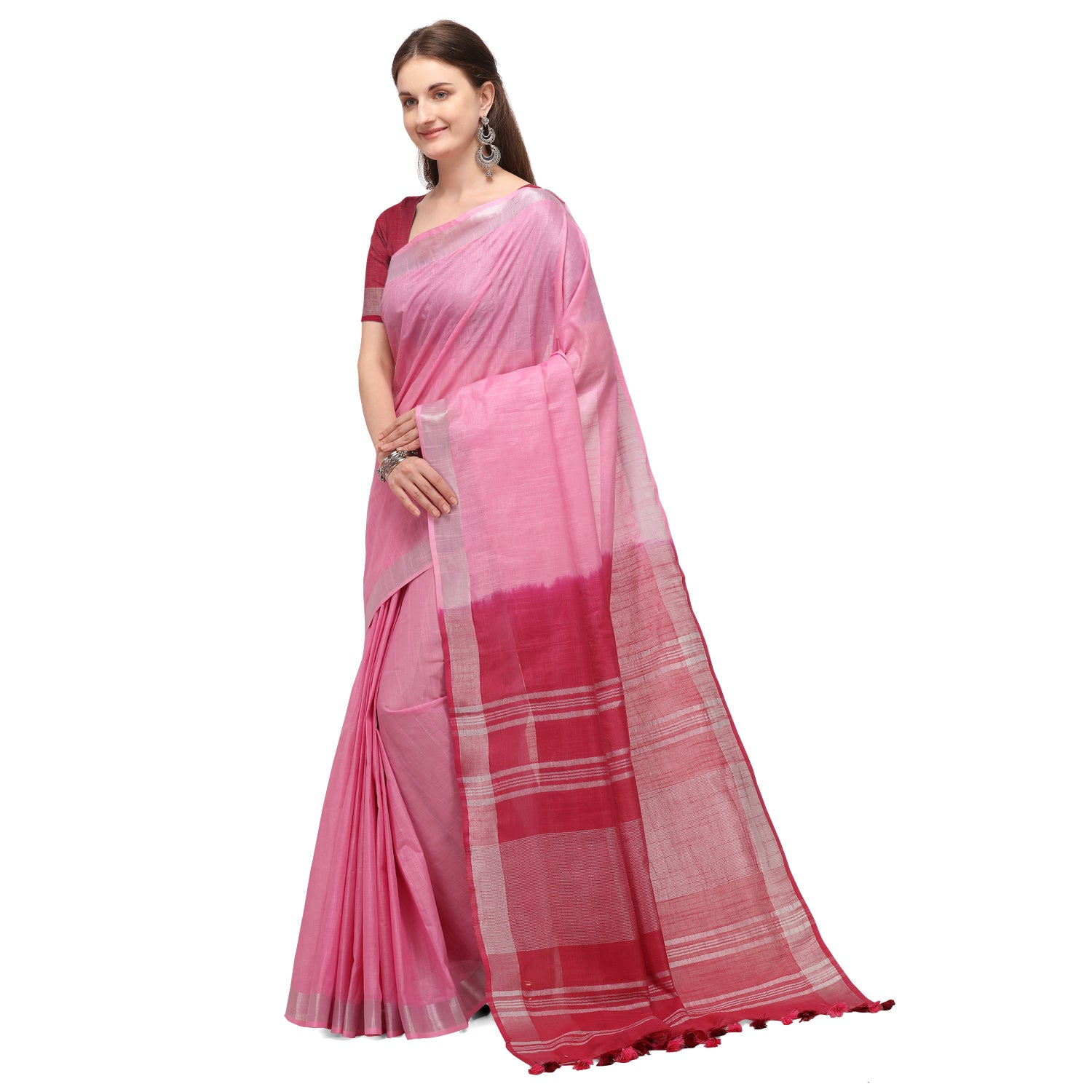 Women's self Woven Solid Textured Dual Shade Daily Wear Cotton Linen Sari With Blouse Piece (Pink)