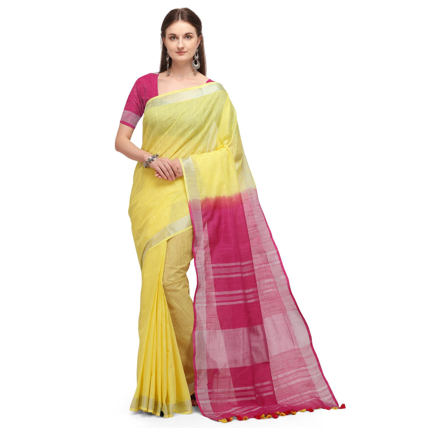 Women's self Woven Solid Textured Dual Shade Daily Wear Cotton Linen Sari With Blouse Piece (Lemon Yellow) - NIMIDHYA