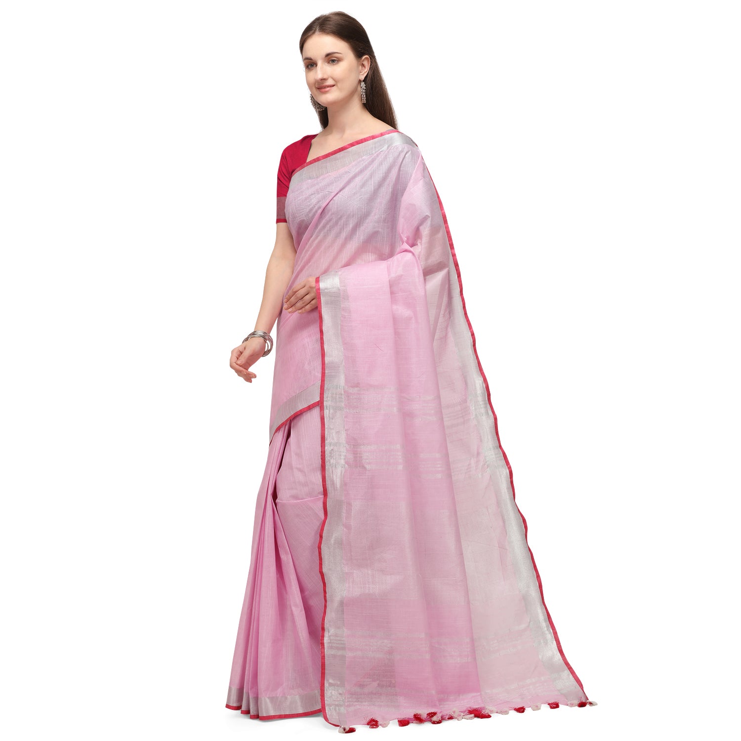 Women's self Woven Solid Textured Daily Wear Cotton Linen Sari With Blouse Piece (Light Pink) - NIMIDHYA