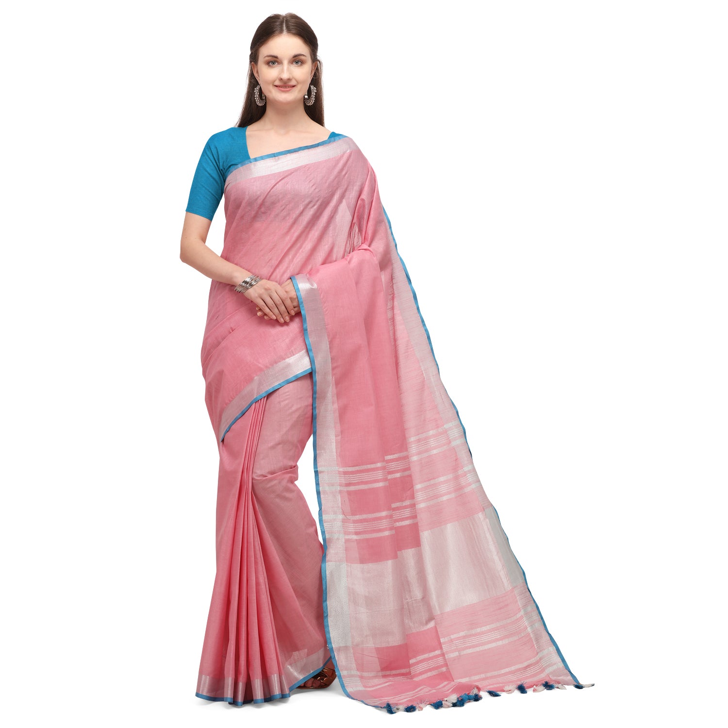 Women's self Woven Solid Textured Daily Wear Cotton Linen Sari With Blouse Piece (Baby Pink) - NIMIDHYA