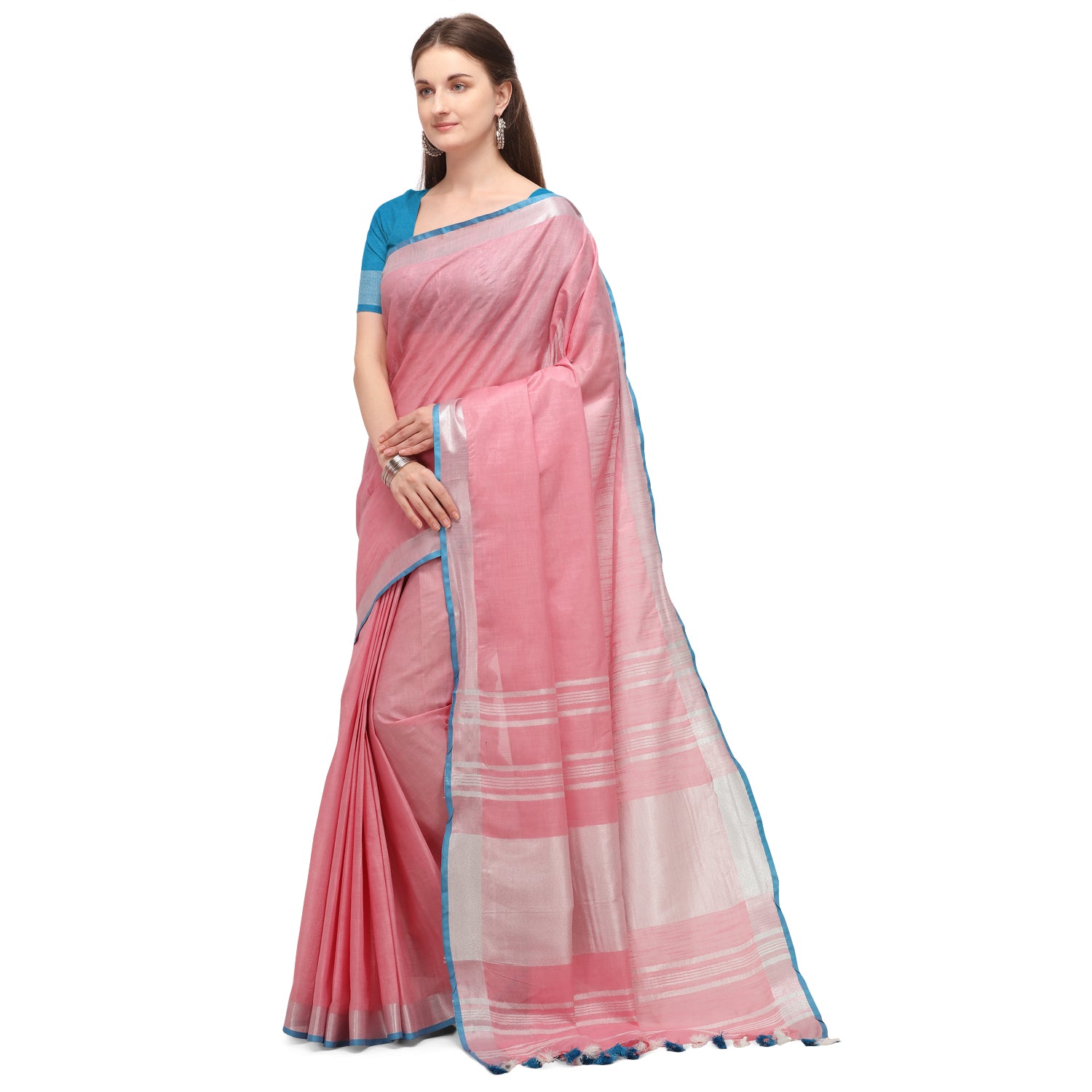 Women's self Woven Solid Textured Daily Wear Cotton Linen Sari With Blouse Piece (Baby Pink) - NIMIDHYA